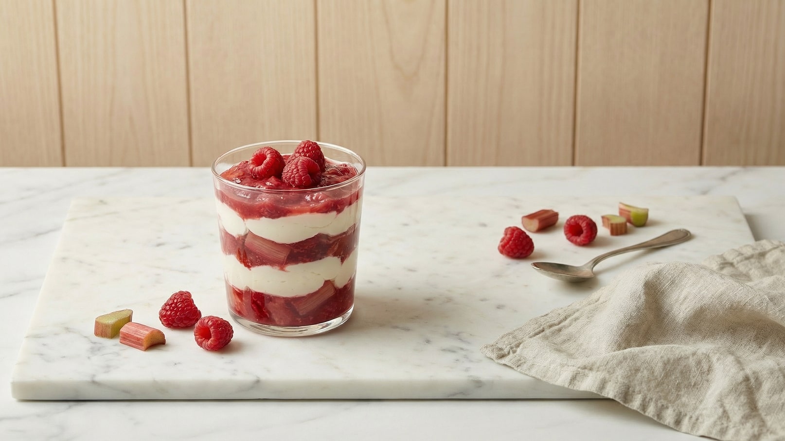 Ein Glas Dessert mit Schichten aus rotem Fruchtpüree und sahniger Creme. Oben sind frische Himbeeren dekoriert. Auf der Marmorplatte liegen einige Himbeeren und Rhabarberstücke sowie ein Löffel und ein leicht zerknittertes Tuch.