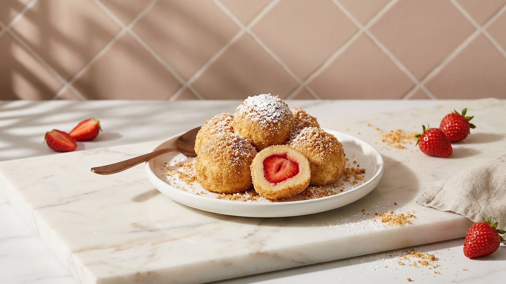 Ein weißer Teller mit mehreren panierten Knödeln, bestreut mit Puderzucker und Keksbröseln. Einer der Knödel ist aufgeschnitten und zeigt eine frische Erdbeere im Inneren. Neben dem Teller liegen einige halbe Erdbeeren. Der Hintergrund ist in sanften Farbtönen gehalten.