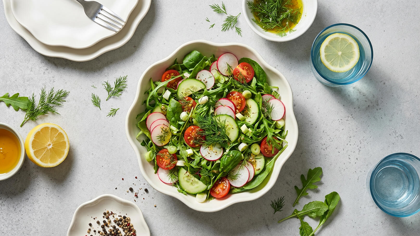 Ein bunter Salat in einer weißen Schüssel, gefüllt mit Rucola, Gurken, Radieschen, Kirschtomaten und Frühlingszwiebeln, garniert mit frischem Dill. Um die Schüssel sind Zitrone, Olivenöl und einige Gläser Wasser angeordnet. Der Hintergrund ist grau.
