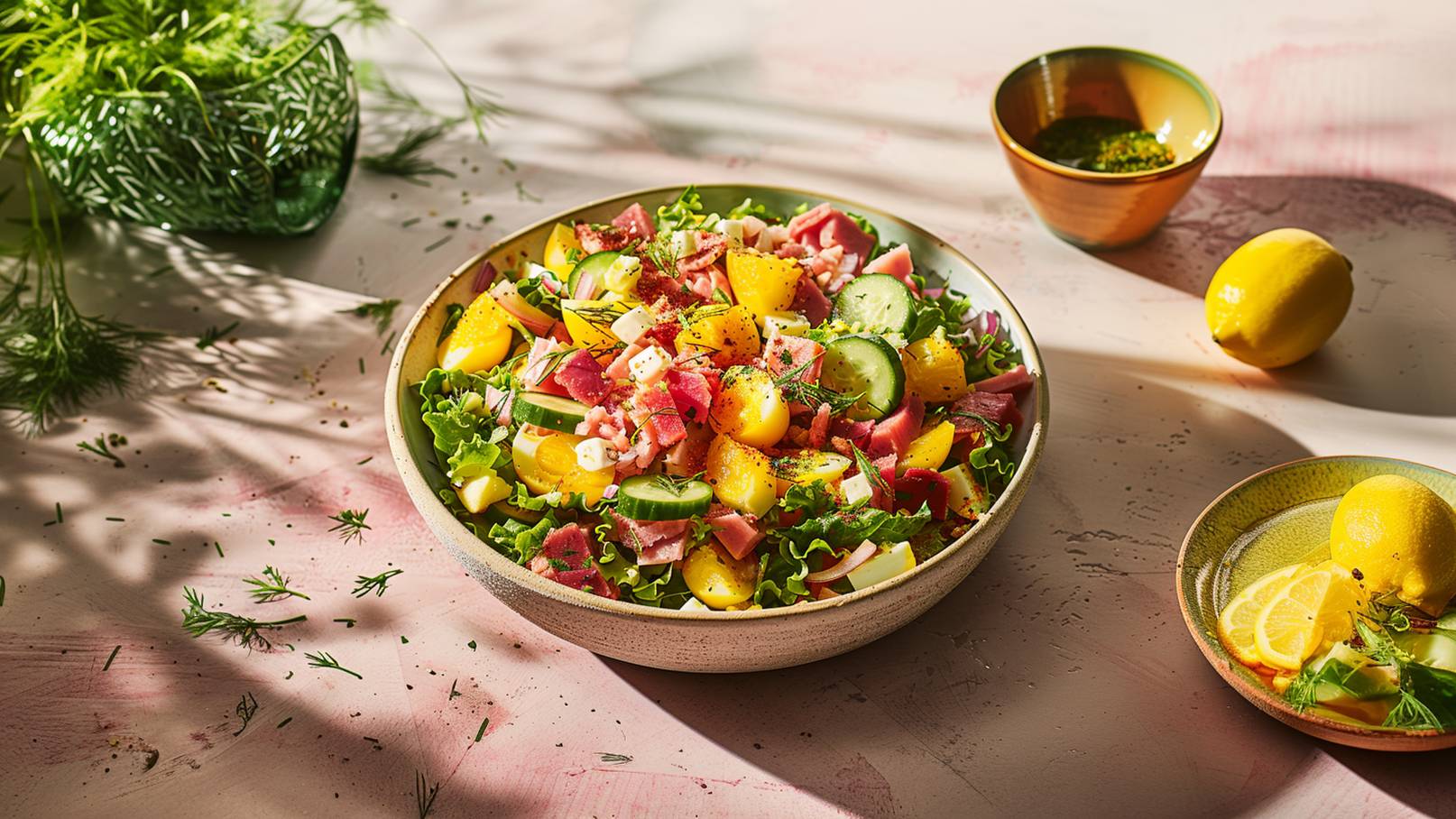 Eine große Schüssel mit buntem Salat aus frischem Gemüse, darunter Salatblätter, Gurken, Paprika und Schinkenstücken. Die Farben sind lebhaft, und der Salat ist mit Kräutern und Gewürzen garniert. Neben der Salatschüssel liegen Zitronen und ein kleiner Behälter mit Dressing.