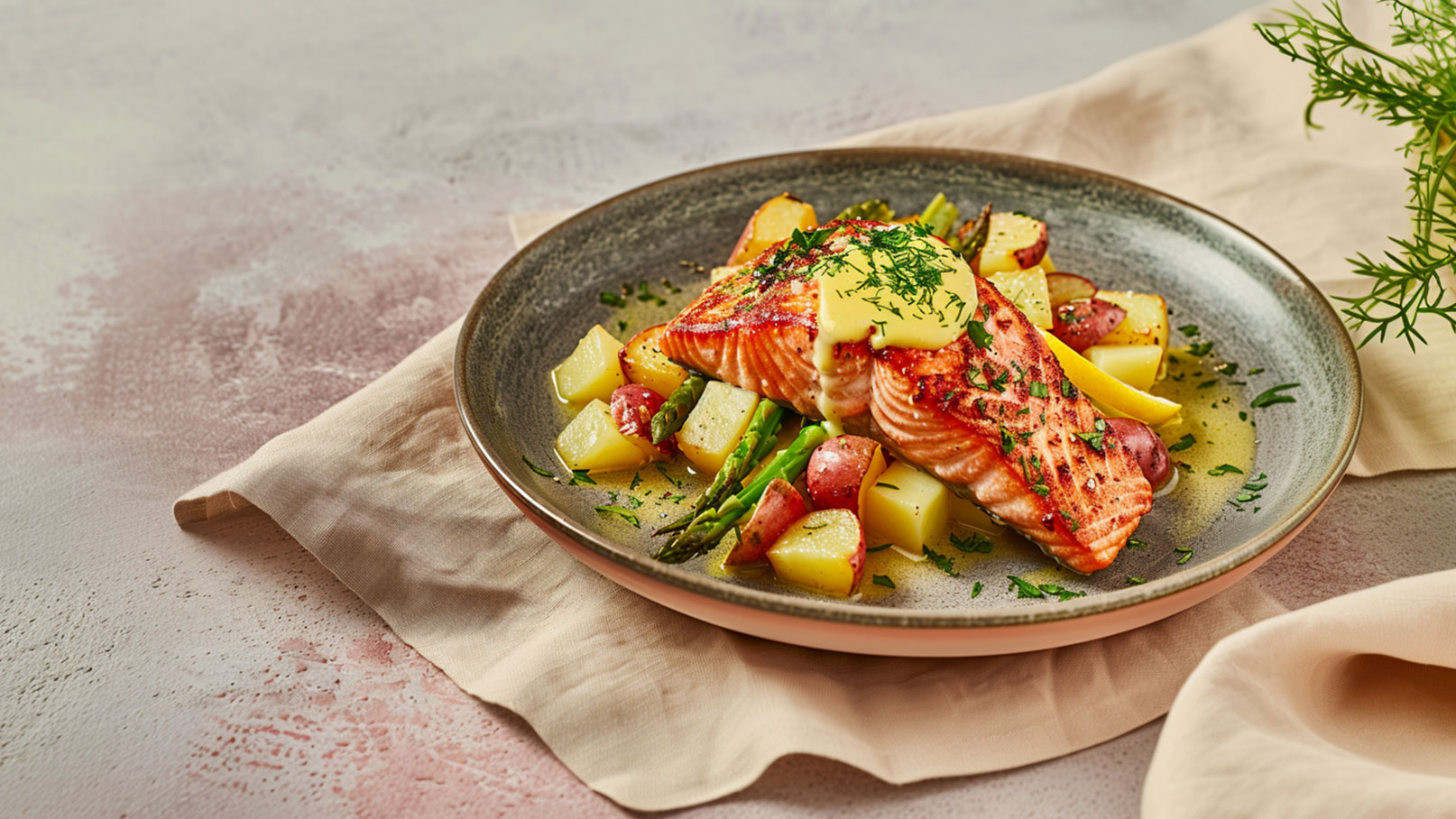 Ein Teller mit gebratenem Lachsfilet, garniert mit einer gelben Sauce und frischem Dill. Dazu liegen grüne Spargelspitzen und bunte kleine Kartoffelwürfel. Der Teller steht auf einer hellen Unterlage, umgeben von einem Stoffserviette.