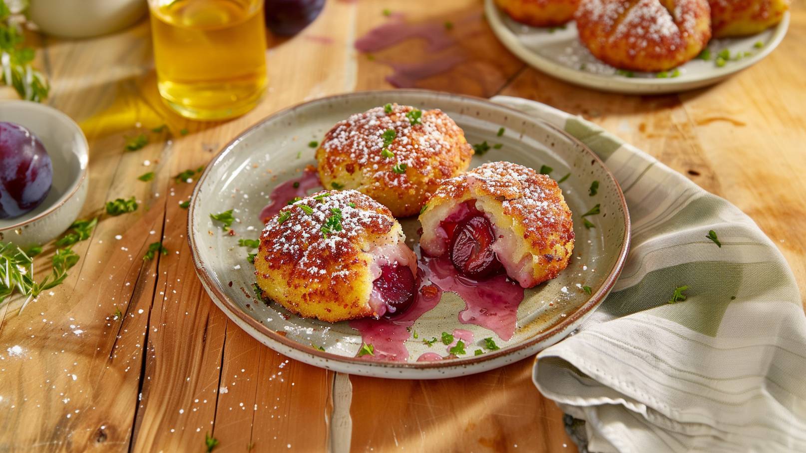 Auf dem Bild sind drei knusprige, goldbraune Fruchtknödel auf einem Teller zu sehen, die mit Puderzucker bestäubt sind. Einer der Knödel ist aufgeschnitten und zeigt eine saftige Pflaume im Inneren, die einen roten Saft abgibt. Der Teller ist auf einem Holztisch platziert.