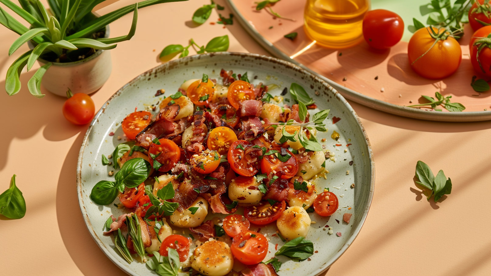 Ein Teller mit Gnocchi, bedeckt mit frischen Cherry-Tomaten und knusprigem Speck. Das Gericht ist mit gehacktem Basilikum und Oregano garniert und wird von einer Pflanzen dekoriert. Im Hintergrund sind weitere Tomaten und ein Ölflasche zu sehen. Der Tisch hat einen warmen, sanften Farbton.
