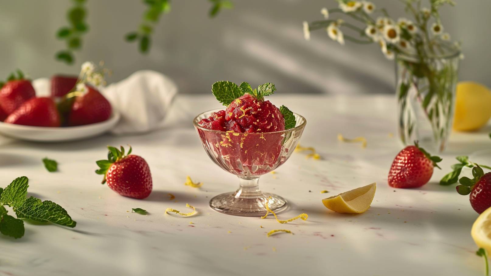 Schüssel mit erfrischendem Erdbeersorbet, garniert mit Minzblättern und Zitronenzesten. Um die Schüssel sind frische Erdbeeren und ein Zitronenschnitz angeordnet, auf einem marmorierten Tisch.