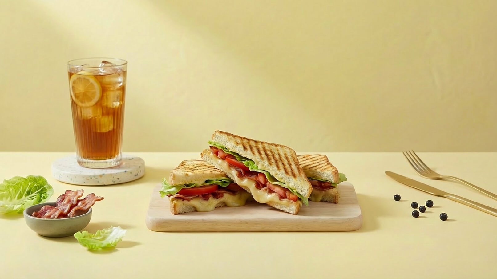 Ein Holzbrett zeigt zwei gegrillte Sandwiches mit geschmolzenem Käse, Tomaten und Salat. Daneben steht ein Glas Eistee mit Zitronenstücken. Im Vordergrund sind ein Schälchen mit Speck und einige Blätter Salat zu sehen. Die Hintergrundfarbe ist sanft gelb.