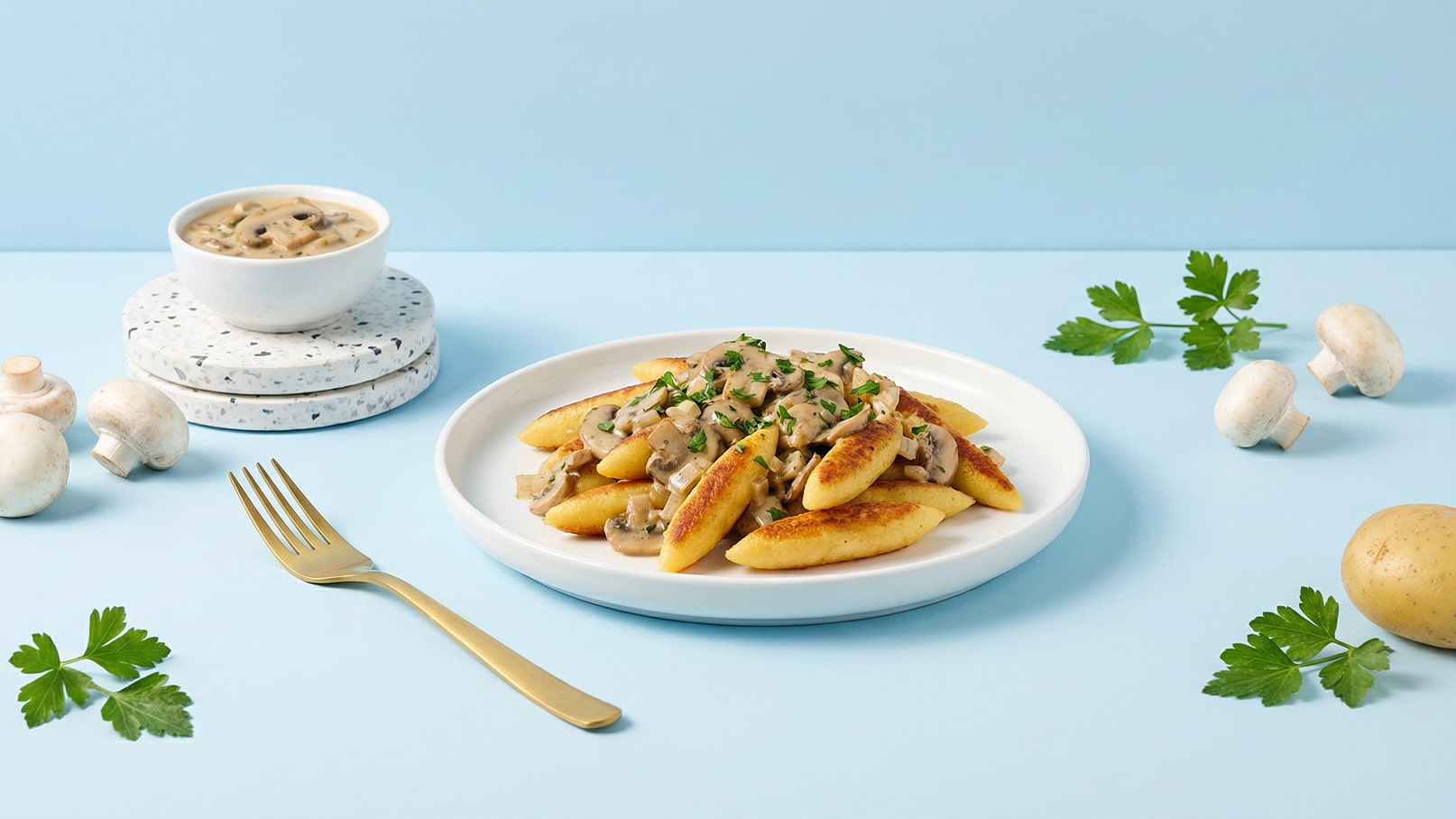 Auf einem weißen Teller liegen goldbraune Kartoffelnockerl, garniert mit einer cremigen Pilzsauce und frischer Petersilie. Daneben steht eine kleine Schüssel mit weiterer Pilzsauce und einige frische Champignons sowie ein Kartoffelstück auf dem Tisch. Der Hintergrund ist in sanftem Blau gehalten.