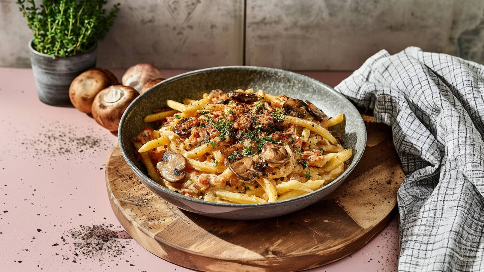 Ein tiefes Schüsselgericht mit Pasta, überzogen mit einer cremigen Sauce, Pilzen und Kräutern. Die Speise ist kunstvoll angerichtet und auf einem Holzbrett platziert. Im Hintergrund sind frische Kräuter und Champignons sichtbar.