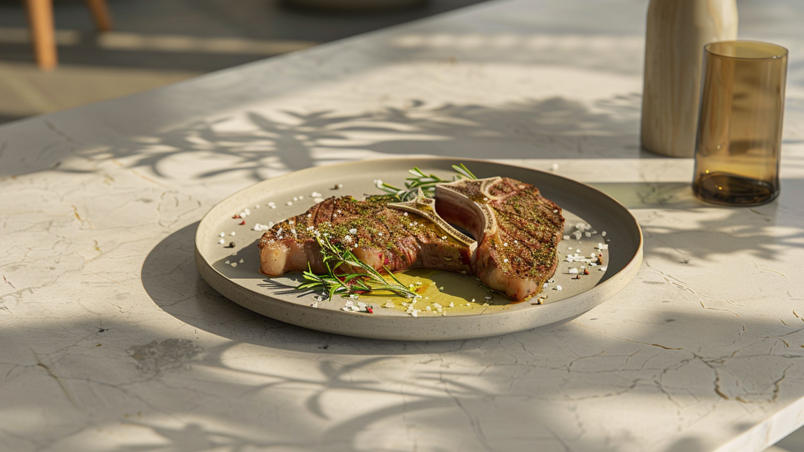 Auf einem runden, beigen Teller liegt ein saftiges Steak, garniert mit frischen Kräutern und einem Spritzer Öl. Kleine Kristalle von grobem Salz sind um das Steak verteilt, während sanfte Schatten auf dem Tisch fallen, der aus hellem Marmor besteht.