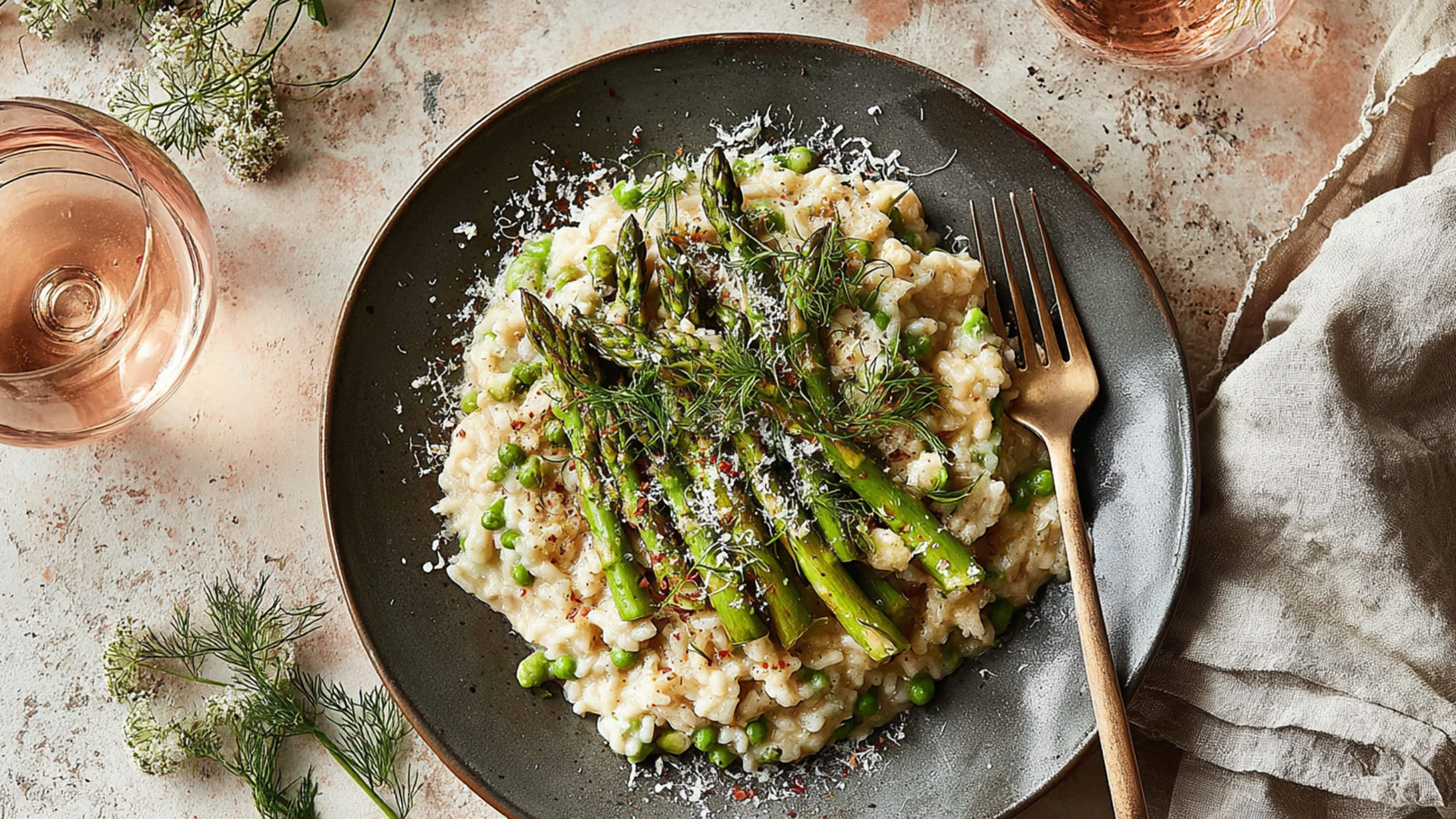 Ein schwarzes Tellergericht mit cremigem Risotto, garniert mit grünem Spargel und grünen Erbsen. Darauf liegen feine Kräuter und frisch geriebener Parmesan. Daneben ist eine Gabel und ein Glas Rosé-Wein zu sehen. Die Präsentation vermittelt einen frischen, saisonalen Eindruck.