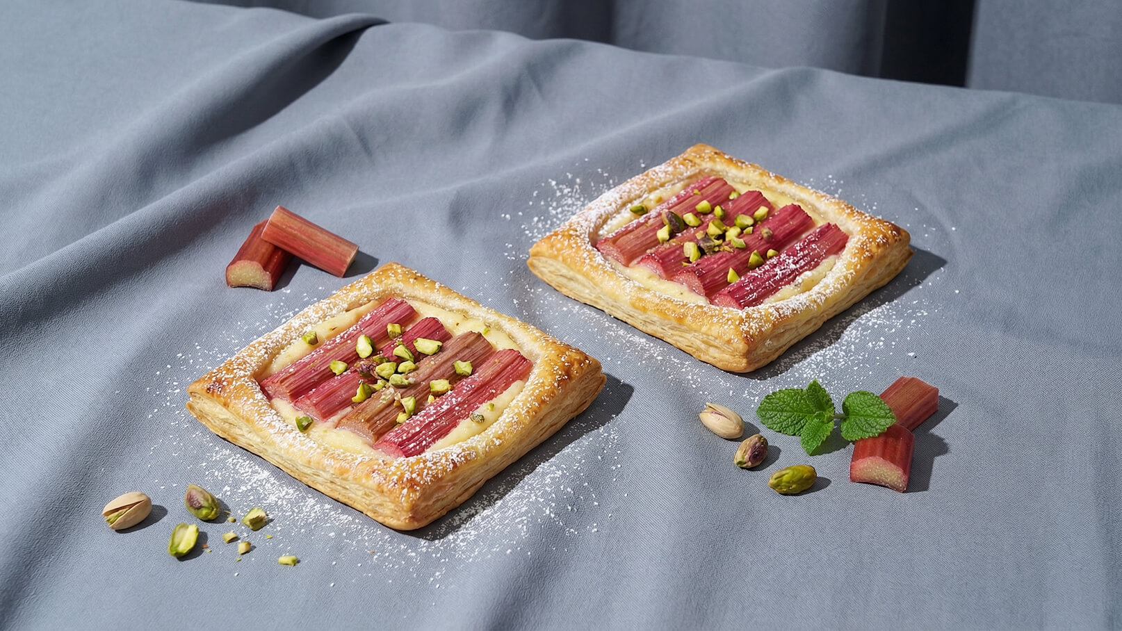 Zwei rechteckige Pâtisseriestücke mit Rhabarber und gehackten Pistazien, bestreut mit Puderzucker, liegen auf einem grauen Tischtuch. Neben den Teilchen sind einige Rhabarberstücke und Pistazien verteilt.