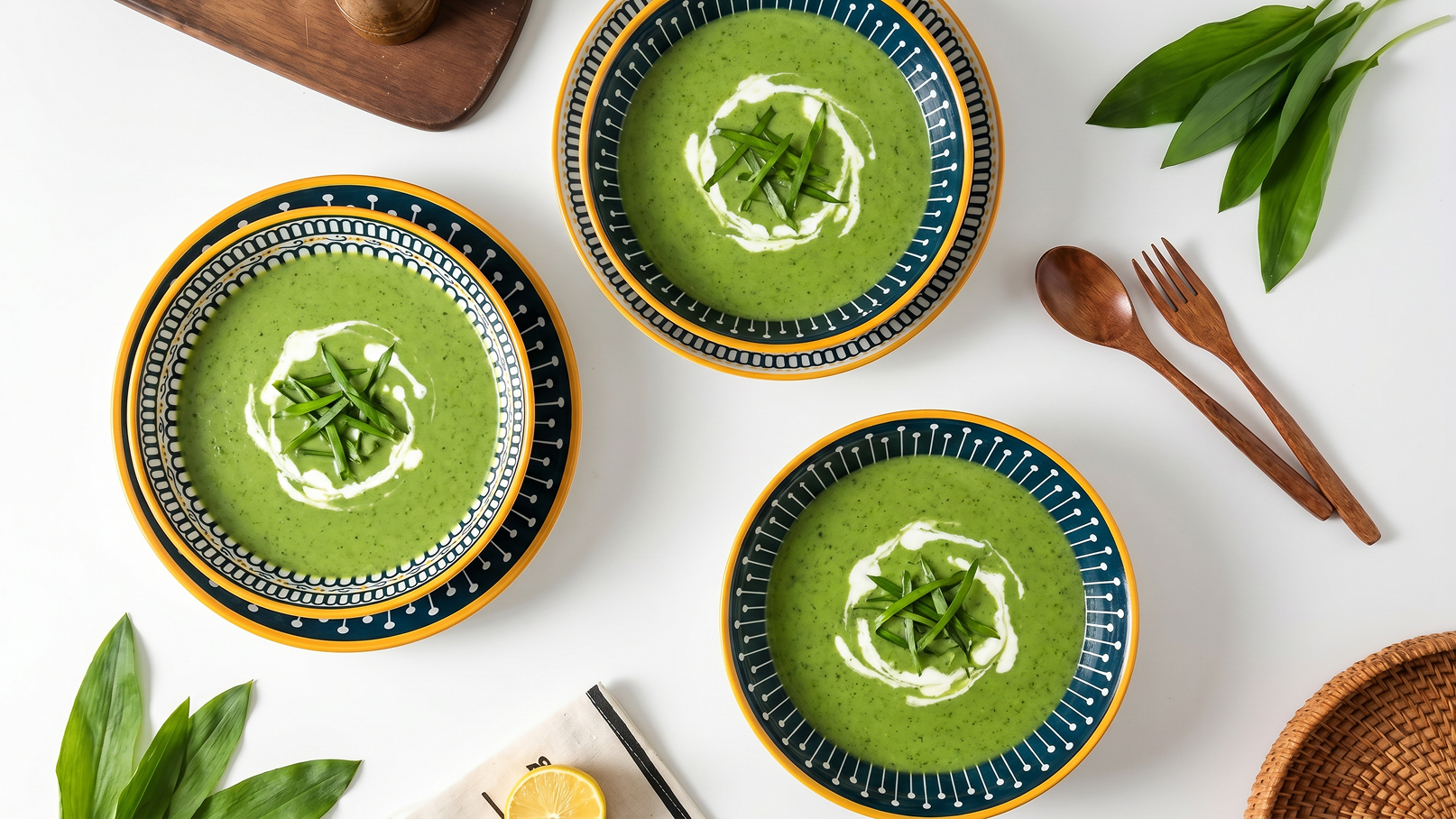 Drei Schalen mit grüner Suppe sind auf einem Tisch angerichtet. Jede Schale ist mit einem Swirl aus Sahne und frischen Kräutern dekoriert. Um die Schalen herum liegen einige Blätter und Holzutensilien.