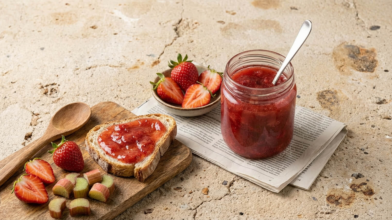 Ein Glas Erdbeermarmelade mit einem Löffel steht auf einem Tisch. Neben dem Glas liegt eine Scheibe Brot, die mit Marmelade bestrichen ist. Einige frische Erdbeeren und Rhabarberstücke sind auf einem Holzbrett angeordnet.