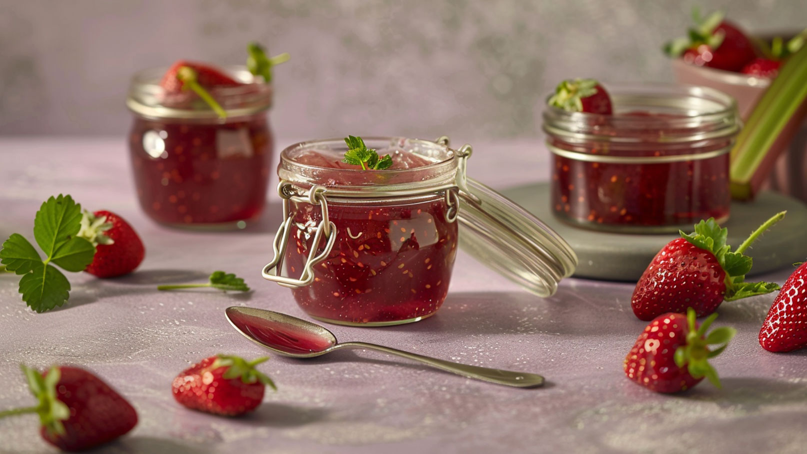 Drei Gläser mit Erdbeermarmelade stehen auf einem Tisch, umgeben von frischen Erdbeeren und einem Teelöffel. Die Marmelade hat eine glänzende, rote Farbe und ist mit einem Blatt Minze dekoriert. Der Hintergrund ist weich und pastellfarben, was eine angenehme Atmosphäre schafft.