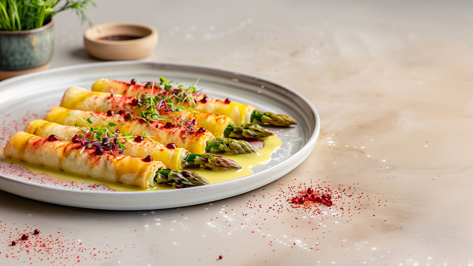 Ein flacher Teller mit gefüllten Pfannkuchen, die mit grünem Spargel gefüllt sind. Die Pfannkuchen sind mit einer gelben Sauce überzogen und mit feinen Kräutern sowie roten Punkten dekoriert. Im Hintergrund sind eine kleine Schüssel und ein Pflanzentopf sichtbar.