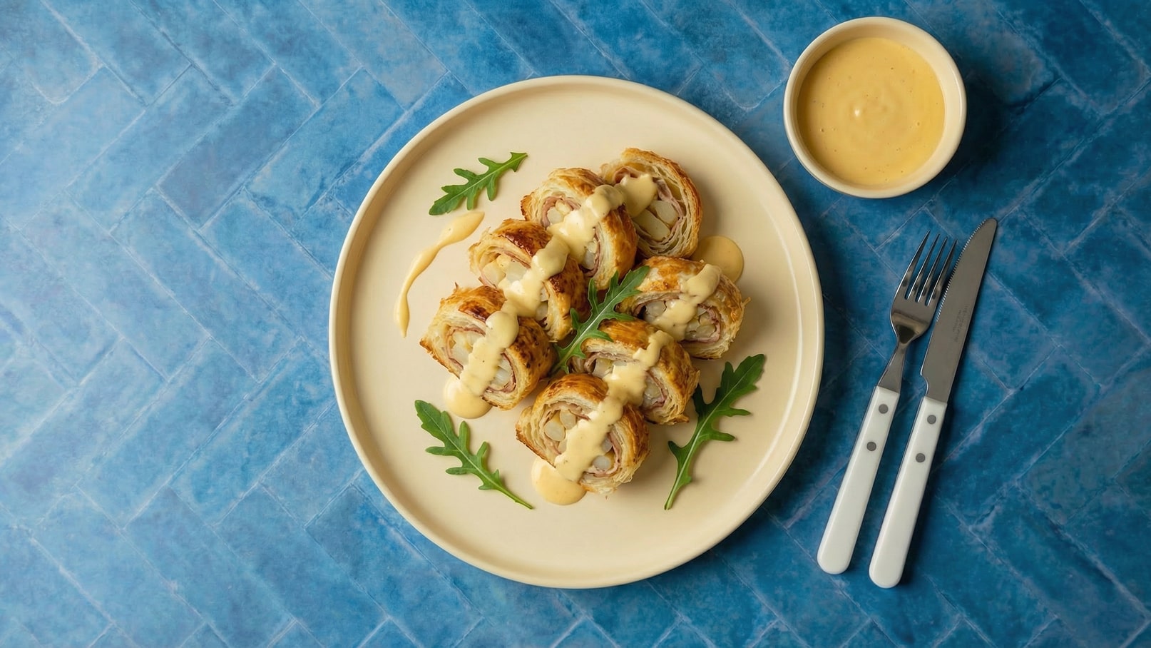 Ein Teller mit mehreren aufgerollten Teigstücken, die mit einer cremigen Sauce überzogen sind. Daneben liegen einige Rucola-Blätter und eine kleine Schüssel mit zusätzlicher Sauce. Der Hintergrund ist blau und strukturiert.