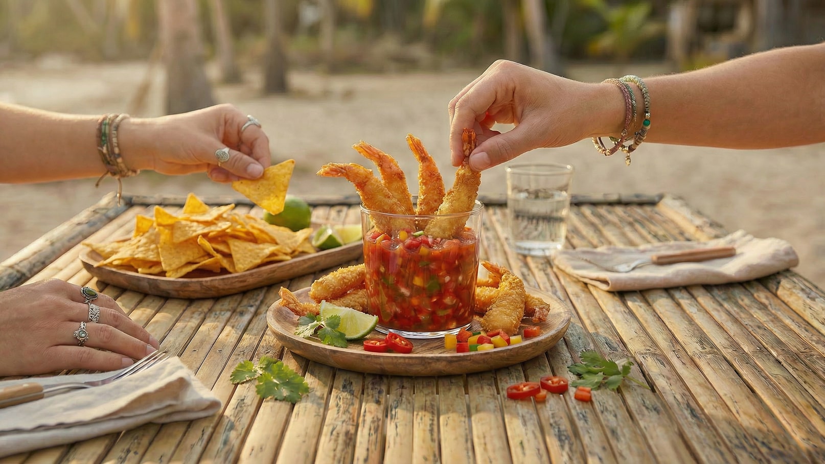 Zwei Hände greifen nach knusprigen Garnelen, die in einem Glas mit Salsa serviert sind. Nebenan liegen Tortilla-Chips auf einem Teller. Der Tisch ist aus Bambus, und im Hintergrund ist eine entspannte, natürliche Umgebung zu sehen.