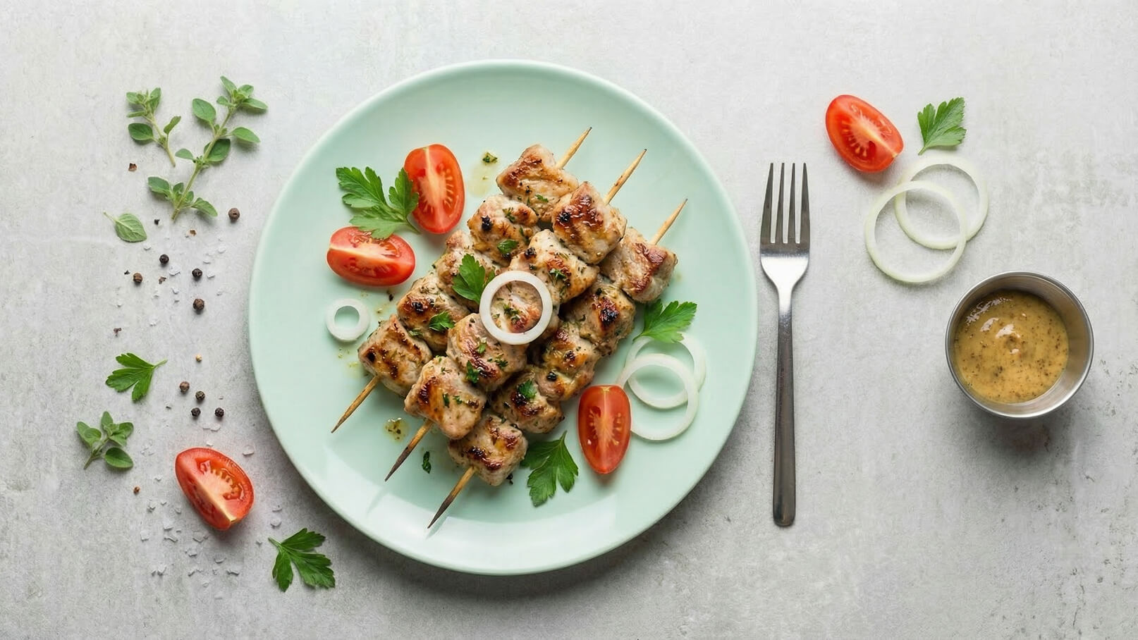 Auf einem mintgrünen Teller liegen gegrillte Fleischspieße, garniert mit Petersilie und Zwiebelringen. Halbe Tomaten sind daneben platziert. Rechts befindet sich eine kleine Schale mit einer würzigen Sauce und eine Gabel.