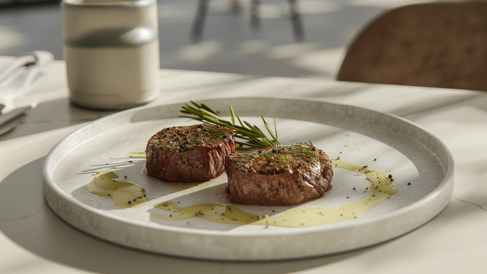 Auf dem Bild sind zwei perfekt gebratene Rinderfilets auf einem ovalen Teller zu sehen. Die Filets sind dekoriert mit Gewürzen und frischen Kräutern. Ein feiner Schuss Olivenöl und einige Pfefferkörner runden das Gericht geschmacklich ab.