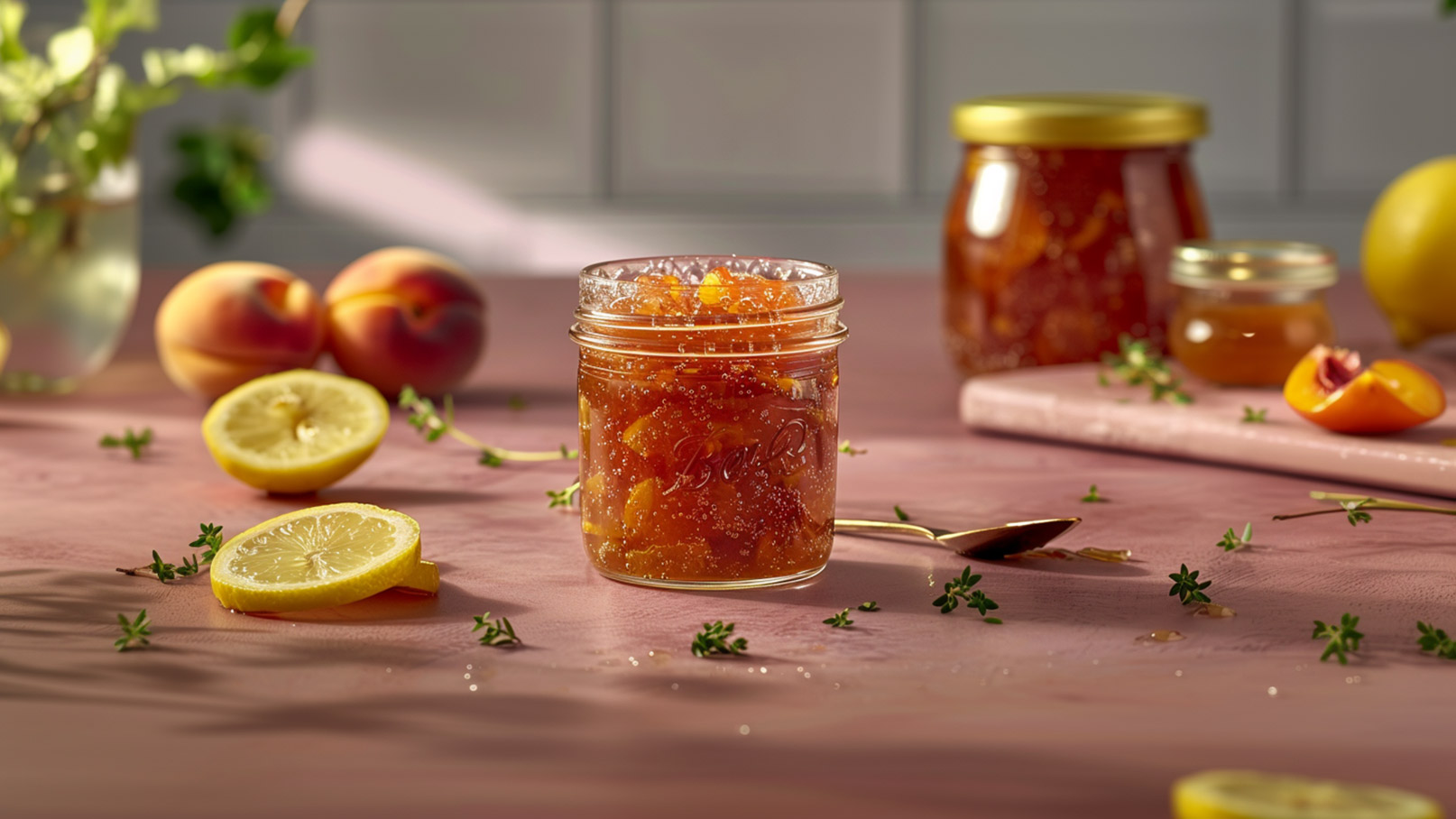 Ein Glas mit frisch zubereitetem Pfirsichmarmelade steht auf einer Tischoberfläche. Um das Glas herum liegen frische Pfirsiche und aufgeschnittene Zitronen. Grüne Kräuterzweige sind verstreut, was eine frische, einladende Atmosphäre schafft.