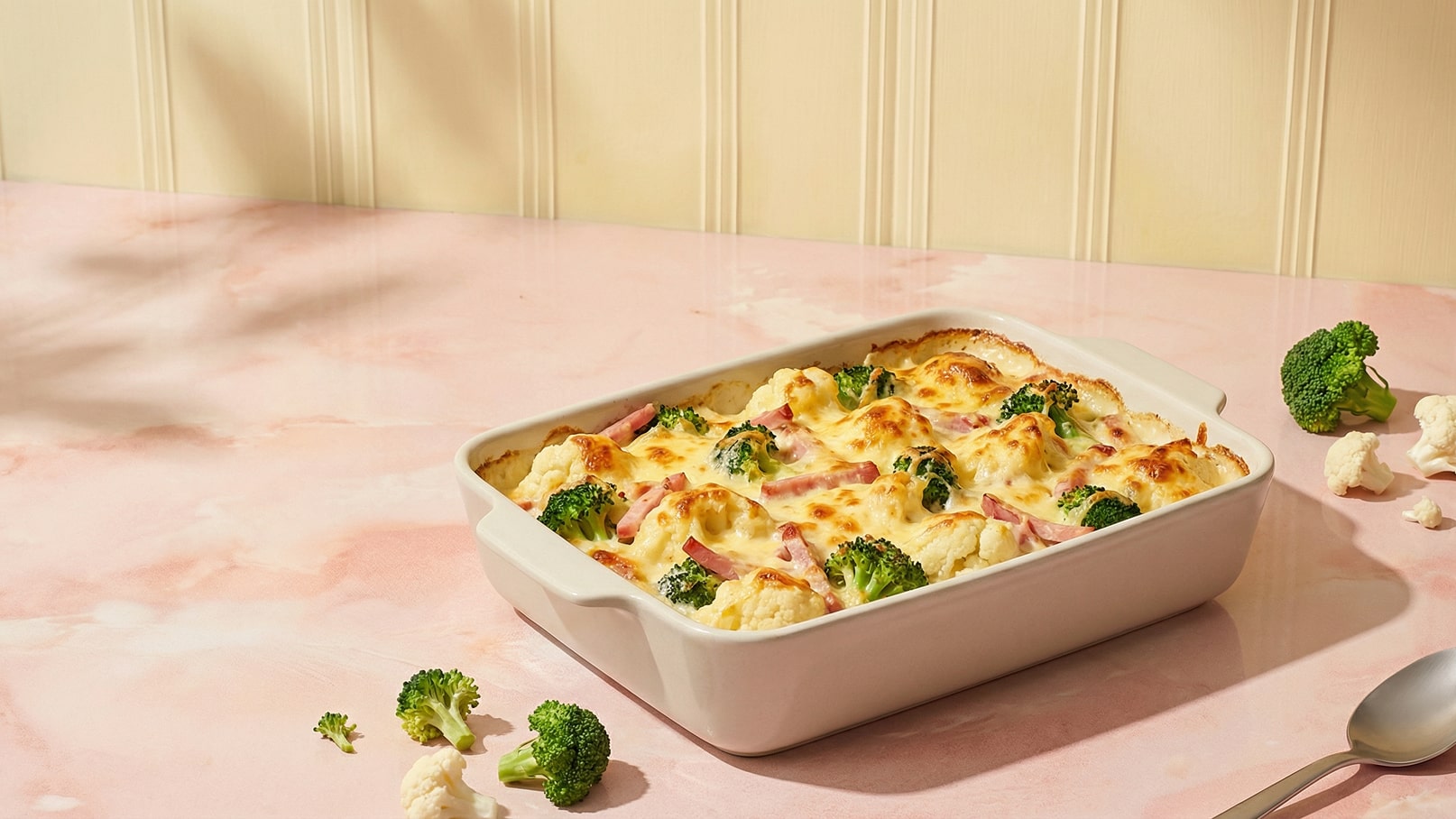 Ein Auflaufgerich in einer weißen Auflaufform, belegt mit Blumenkohl, Brokkoli und Schinken, überzogen mit geschmolzenem Käse. Der Auflauf steht auf einer rosa Tischoberfläche, umgeben von einigen Brokkoli-Röschen.