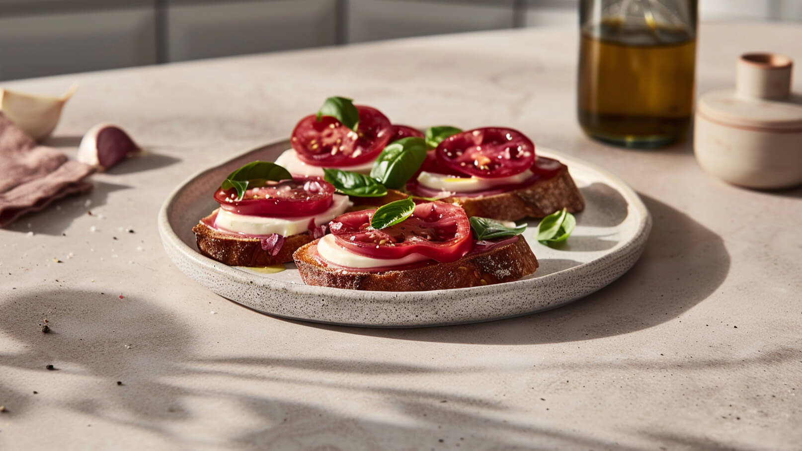 Ein flacher Teller mit mehreren belegten Brotscheiben. Jede Scheibe ist mit Mozzarella, Tomatenscheiben und frischem Basilikum garniert. Die Brote haben eine rustikale Kruste und sind auf einem Tisch platziert, umgeben von sanftem Licht.