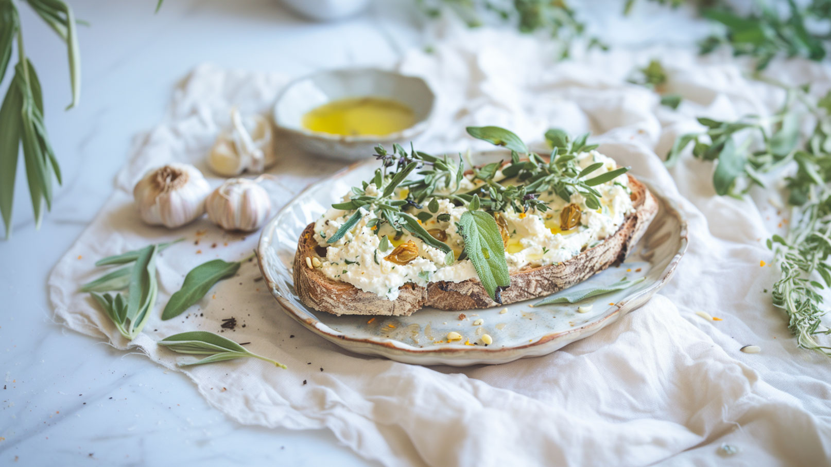 Ein rustikales Brot liegt auf einem Teller und ist mit cremigem Käse, frischen Kräutern und getrockneten Tomaten belegt. Im Hintergrund sind Knoblauchzehen und eine kleine Schüssel mit Olivenöl zu sehen. Verschiedene grüne Kräuter liegen um das Gericht.
