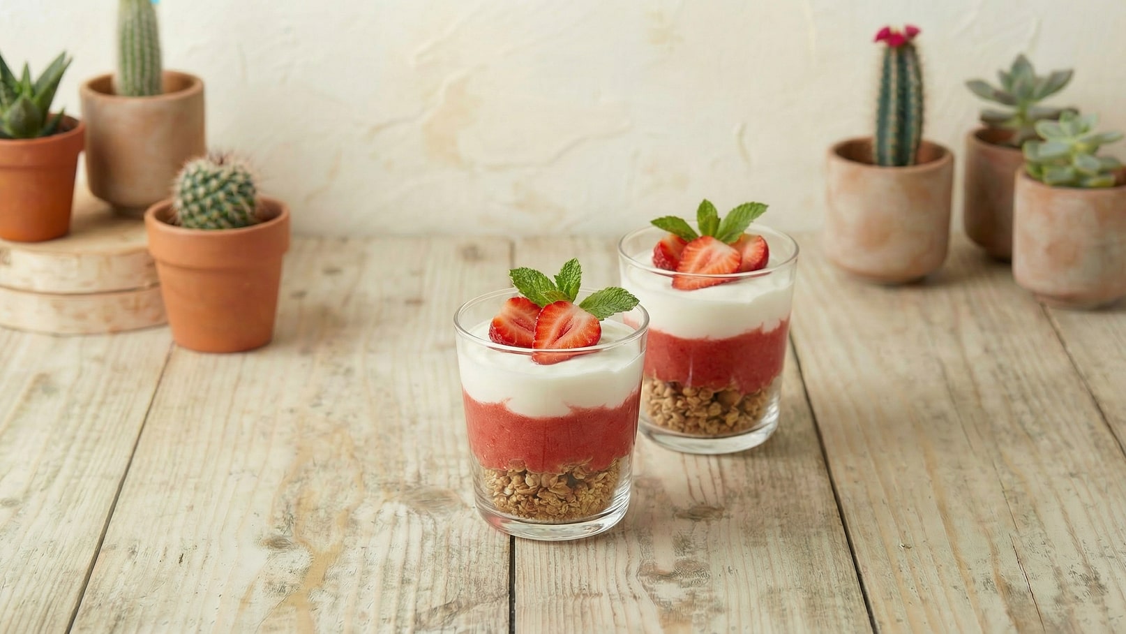Zwei Gläser mit Schichtdessert stehen auf einem holzernen Tisch. Die Desserts bestehen aus Granola, Erdbeermus und einer Schicht Sahne, garniert mit frischen Erdbeeren und Minze. Im Hintergrund sind Töpfe mit Kakteen und Sukkulenten platziert.