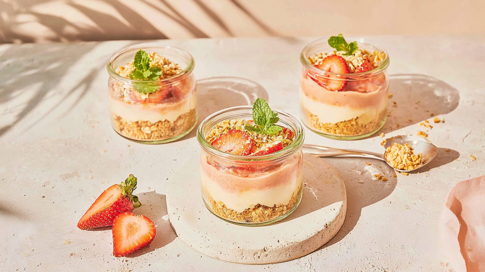 Drei Dessertgläser stehen auf einer hellen Fläche. Jedes Glas enthält eine Schicht aus Keksboden, einer Creme und einer Fruchtschicht, garniert mit frischen Erdbeeren und Minzblättern. Neben den Gläsern liegt ein Löffel mit etwas Keksbröseln.