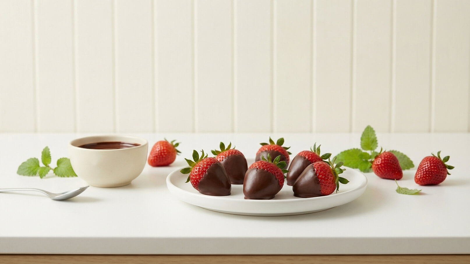 Ein Teller mit schokoladenüberzogenen Erdbeeren steht auf einem weißen Tisch. Daneben befindet sich eine Schüssel mit flüssiger Schokolade und mehrere frische Erdbeeren sowie Minzblätter.