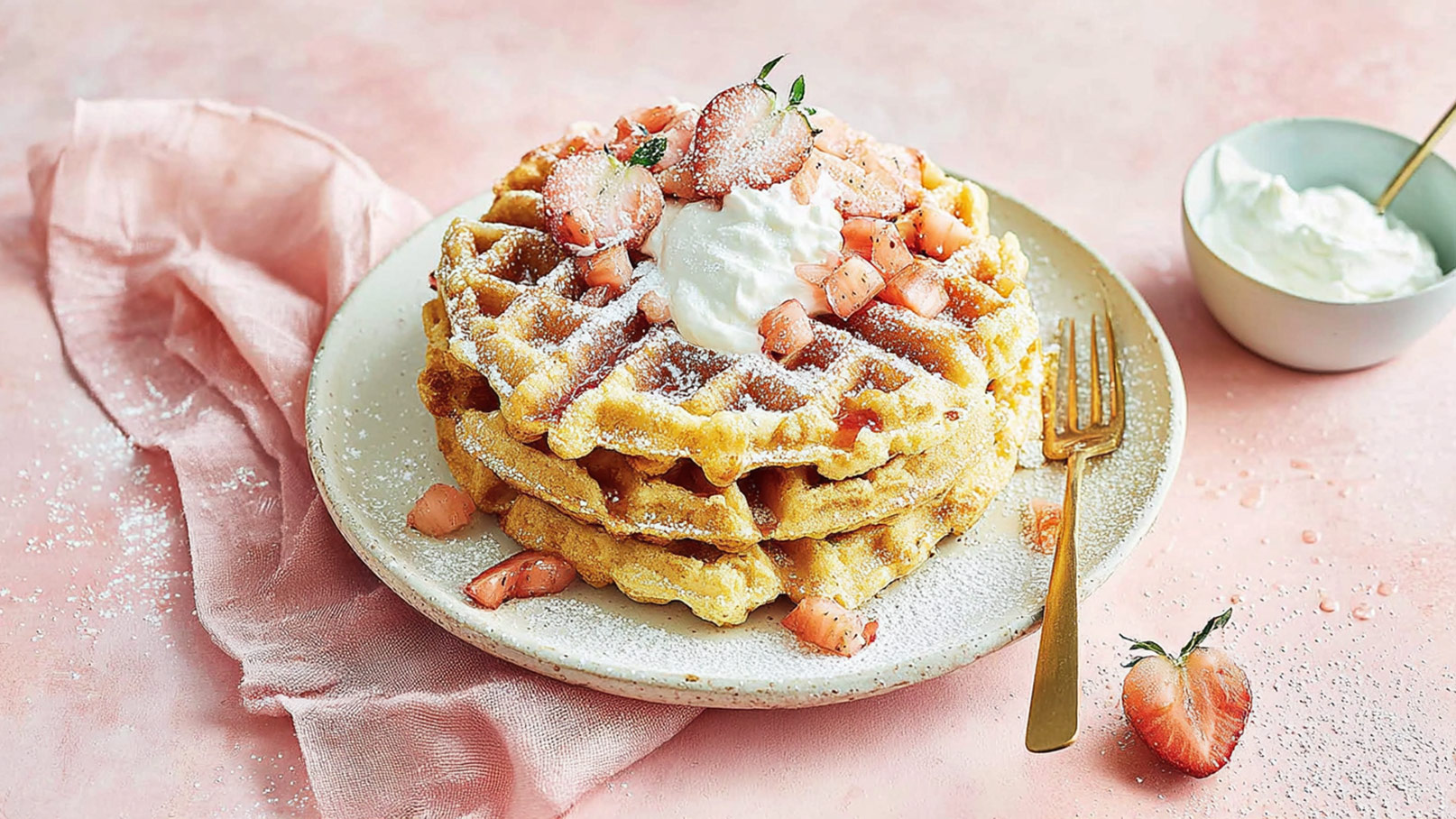 Ein Teller mit mehreren Waffeln, dekoriert mit frischen Erdbeeren und einem Klecks Schlagsahne. Die Waffeln sind mit Puderzucker bestäubt. Daneben befindet sich eine kleine Schüssel mit zusätzlicher Schlagsahne und eine Gabel liegt auf dem Teller. Der Hintergrund ist rosa.