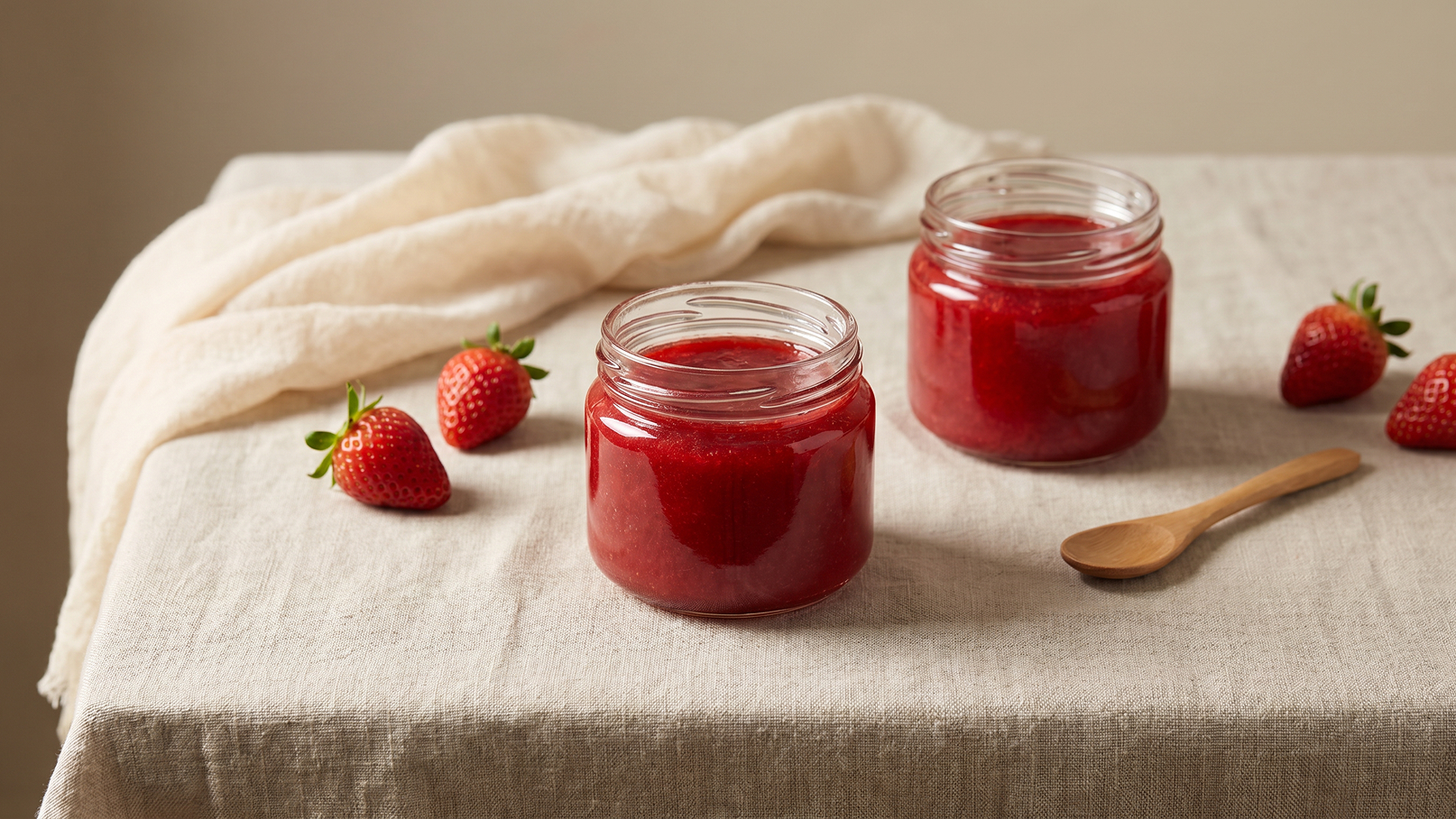 Zwei Gläser mit Erdbeermarmelade stehen auf einem Tisch. Rund um die Gläser liegen frische Erdbeeren. Neben den Gläsern liegt ein kleiner Holzlöffel. Der Tisch ist mit einem beige farbigen Tuch bedeckt.