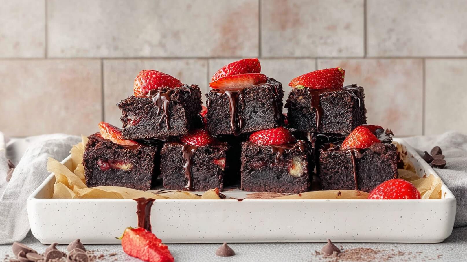 Ein Teller mit saftigen, schokoladigen Brownies, die mit frischen Erdbeeren garniert sind. Einige Brownies sind mit geschmolzener Schokolade überzogen. Der Teller ist mit Backpapier ausgelegt und es liegen einige Schokoladenstückchen daneben.