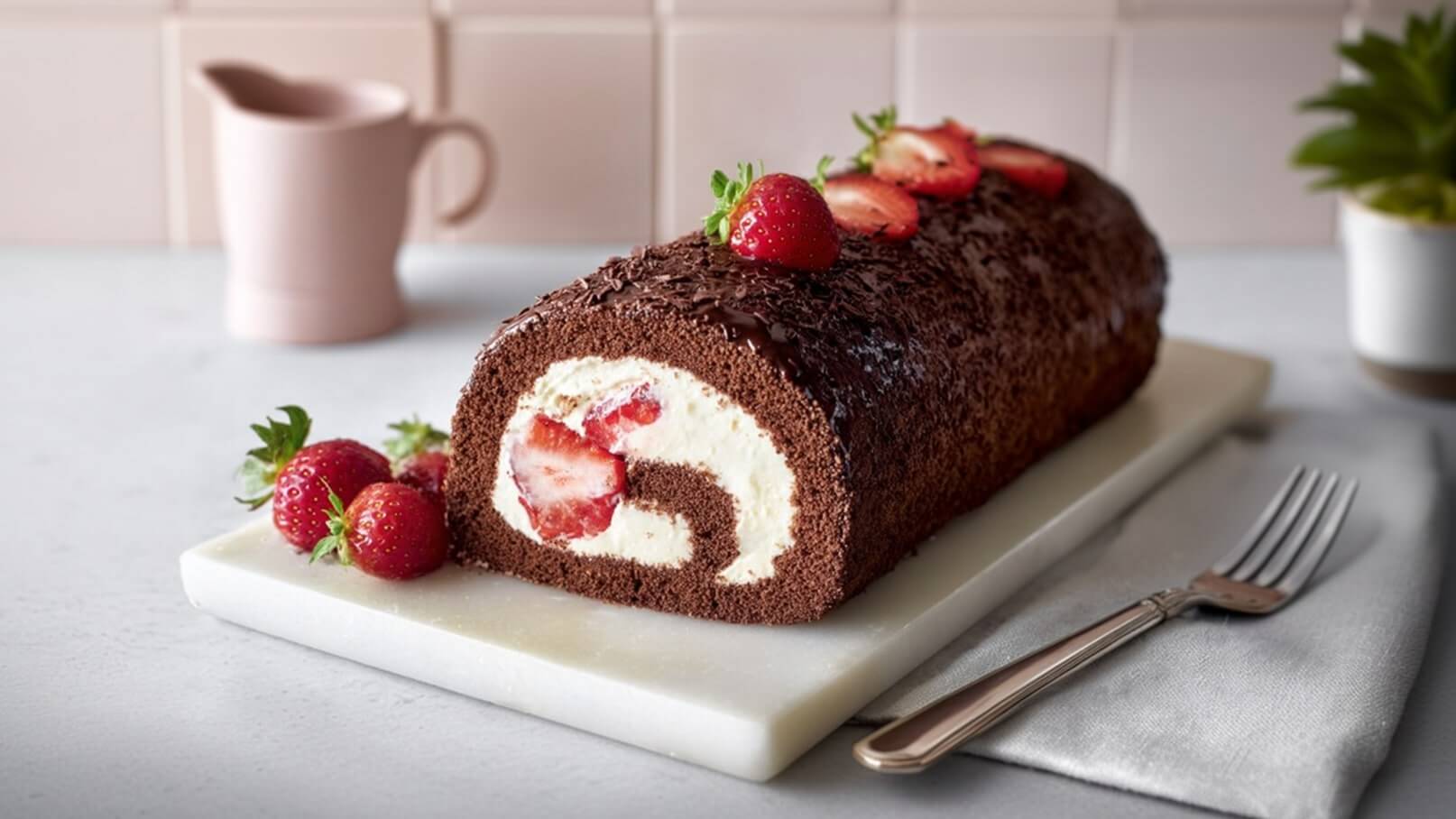 Eine Schokoladenrolle auf einem weißen Teller, dekoriert mit frischen Erdbeeren. Die Füllung besteht aus Sahne und Erdbeerstückchen, sichtbar in der aufgeschnittenen Rolle. Im Hintergrund steht ein kleiner Krug und ein Besteckset auf einem Stoffserviette.