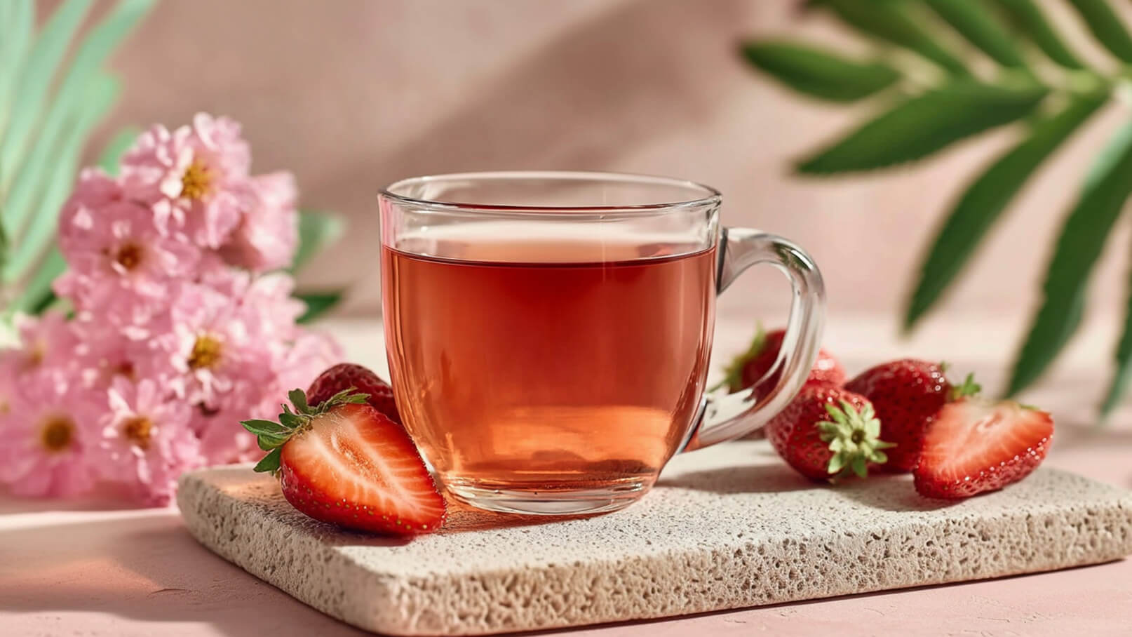 Ein klarer Glasbecher mit rosa Tee steht auf einem hellen Untersetzer. Neben dem Becher liegen frische Erdbeeren, eine halbierte und eine ganze. Im Hintergrund sind zarte pinke Blumen und grüne Blätter sichtbar.