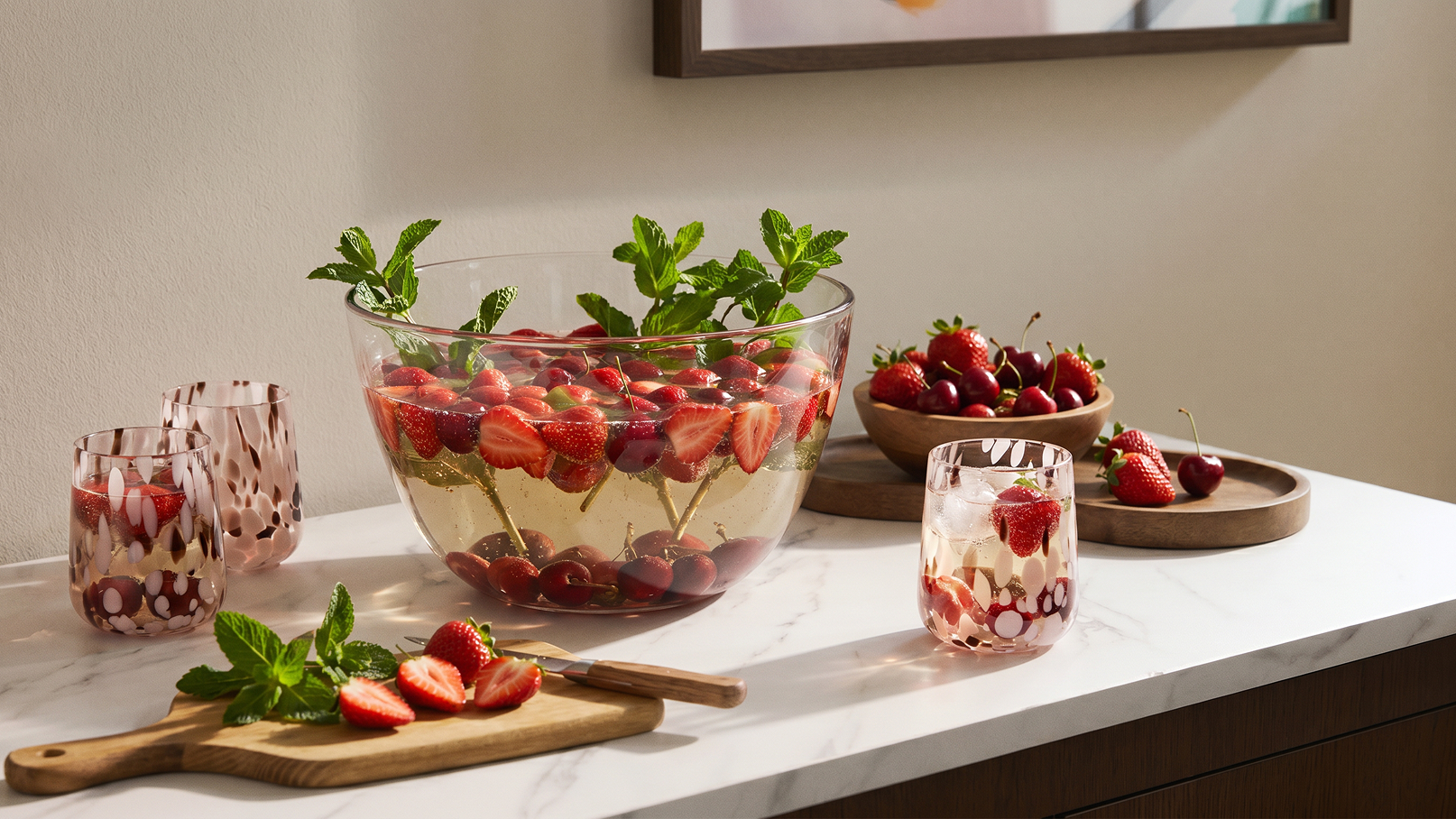 Eine große Schüssel mit Erdbeeren und Minze steht auf einem Tisch. Neben der Schüssel befinden sich zwei Gläser und eine Holzplatte mit weiteren Erdbeeren. Der Tisch hat eine helle Marmoroberfläche.