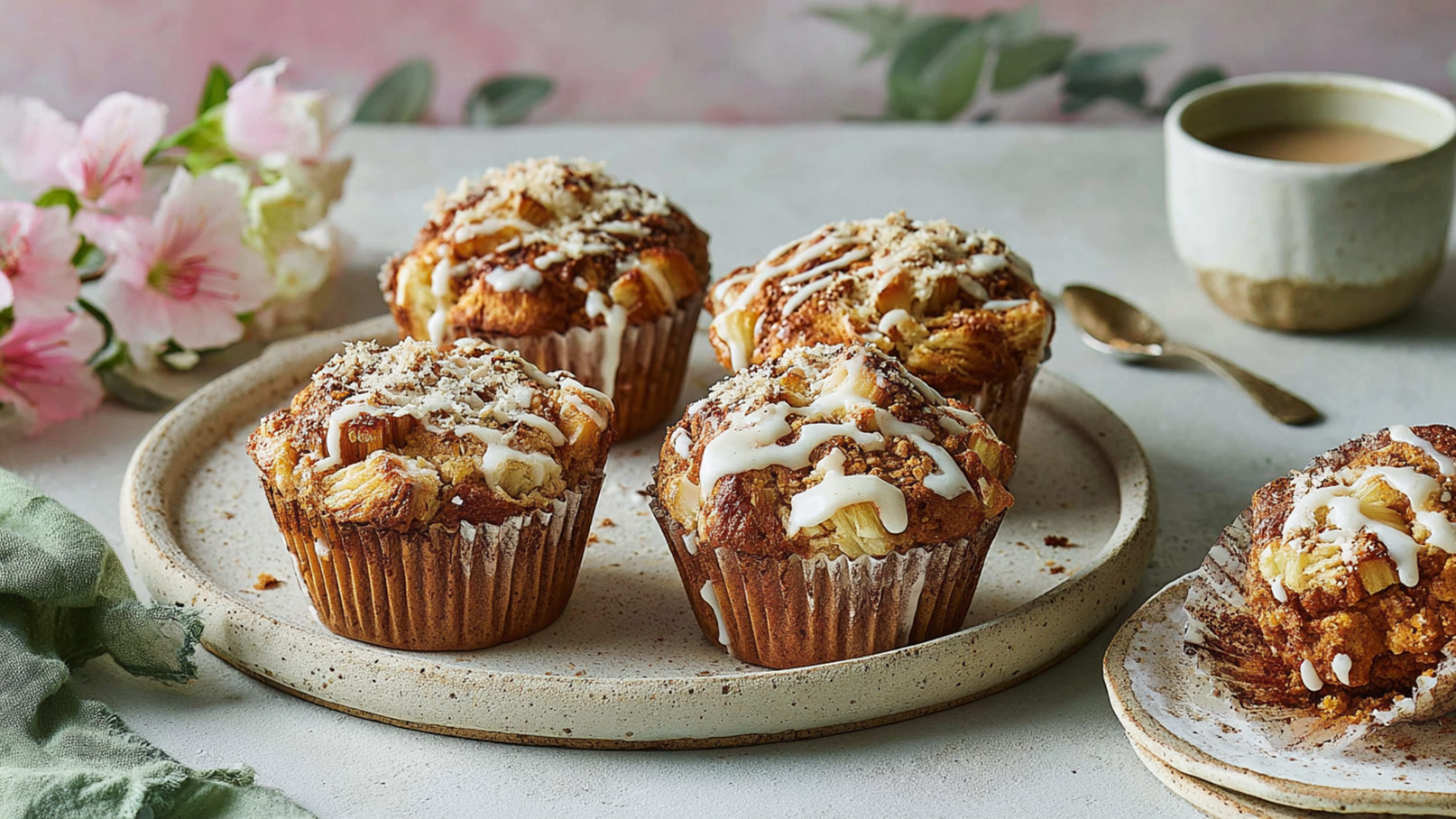 Auf einem Teller befinden sich vier frisch gebackene Muffins mit einer goldbraunen Kruste, die mit Zuckerglasur und Bröseln garniert sind. Im Hintergrund steht eine Tasse Kaffee und links sind zarte Blumen zu sehen.