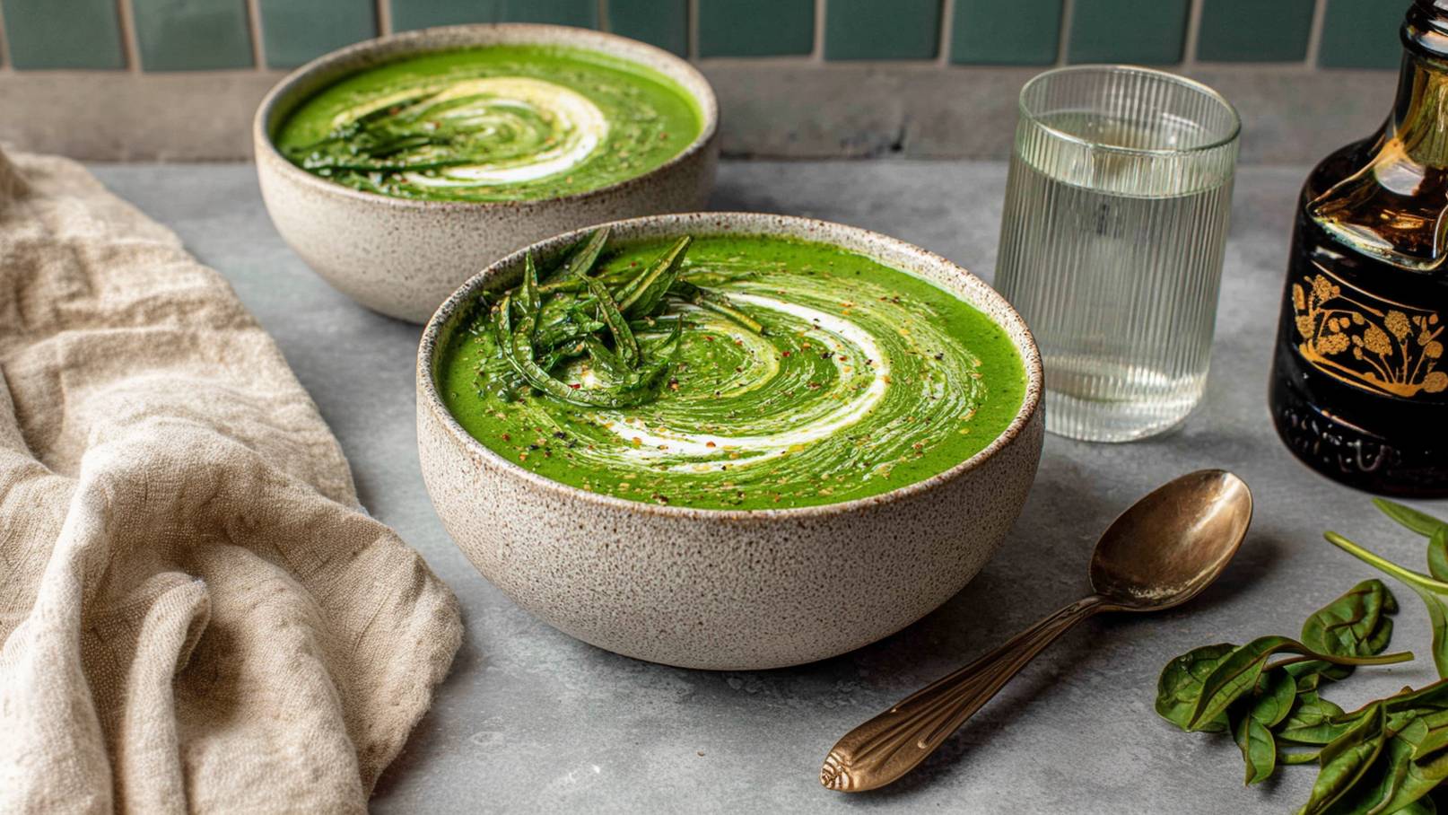 Zwei Schalen mit grüner Suppe stehen auf einem Tisch. Die Suppe ist cremig und mit einem Wirbel aus Sahne dekoriert, garniert mit grünen Kräutern. Daneben befindet sich ein Glas Wasser und eine silberne Löffel. Ein beige Tuch liegt leicht zerknittert auf dem Tisch.