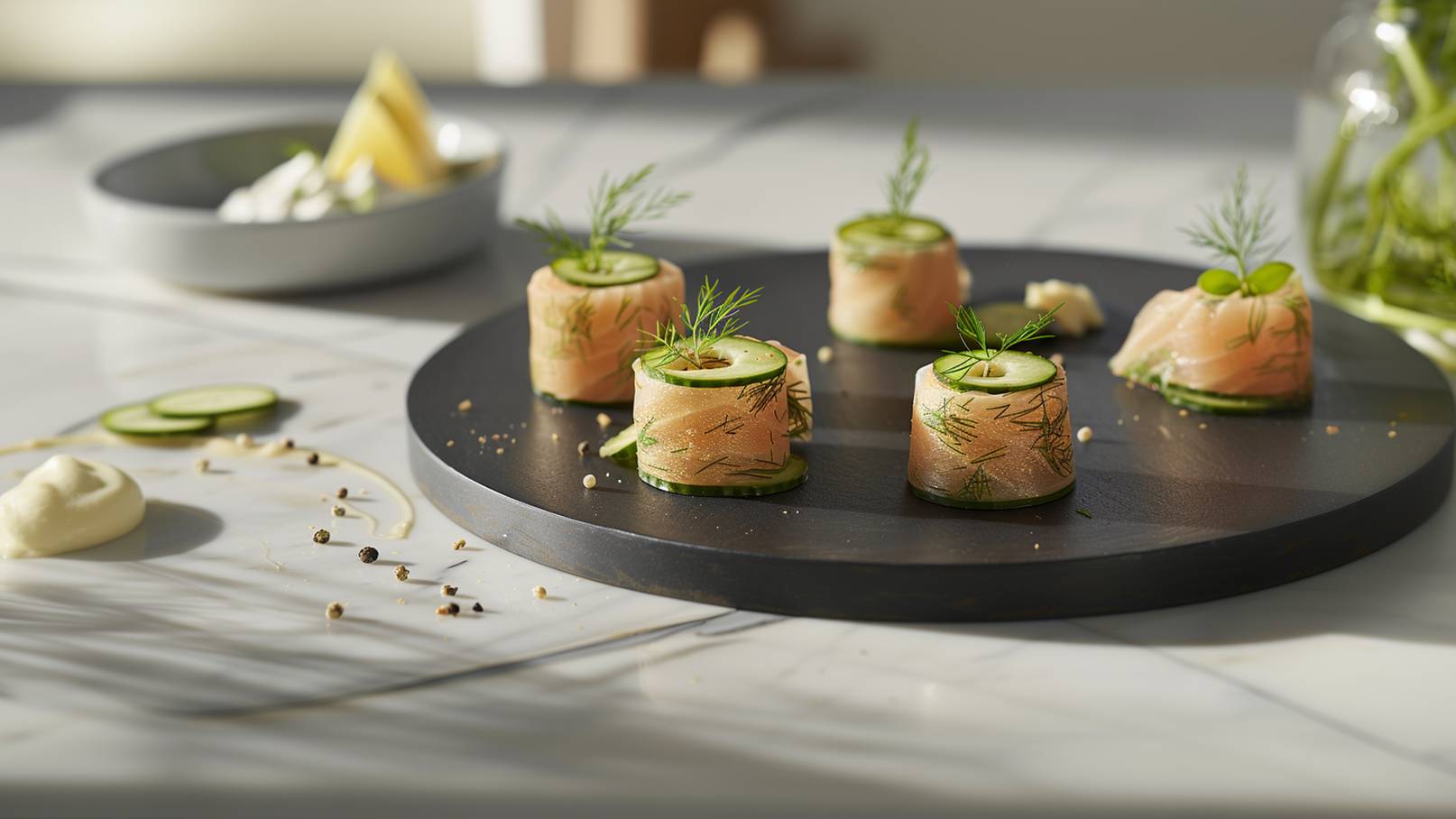 Eine dunkle Platte präsentiert mehrere gerollte Häppchen aus Lachs, umgeben von Gurkenscheiben und garniert mit frischem Dill. Im Hintergrund befindet sich ein weiterer Teller mit weißer Sauce und einem Stück Zitrone. Die Komposition vermittelt ein elegantes, frisches Ambiente.