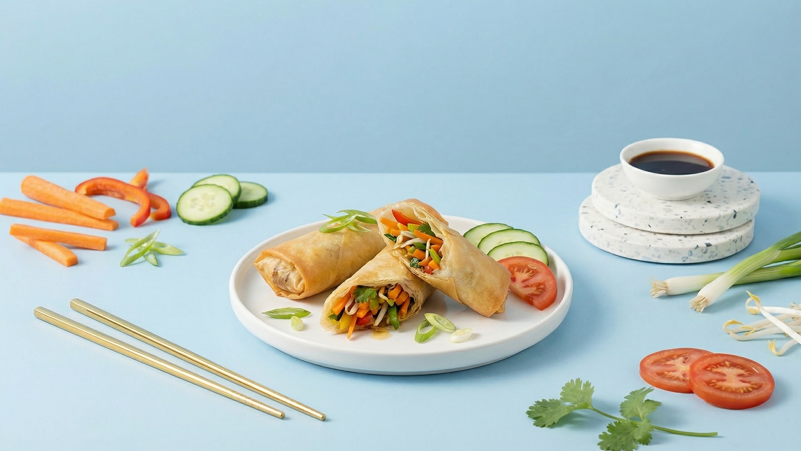 Auf einem weißen Teller liegen drei gefüllte Frühlingsrollen, umgeben von frischem Gemüse wie Gurken, Karotten und Tomaten. Neben dem Teller steht eine kleine Schüssel mit Soße und essstäbchen aus Gold liegen bereit. Der Hintergrund ist hellblau.