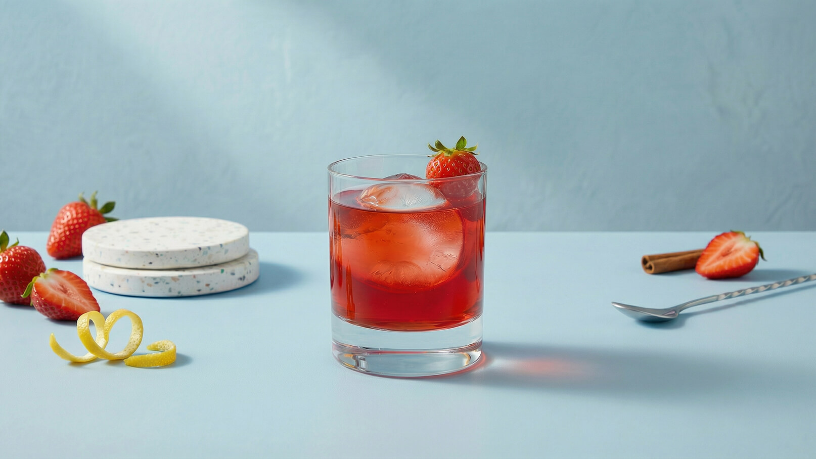 Ein Glas mit einem roten Getränk, gefüllt mit Eiswürfeln und einer Erdbeere oben drauf, steht auf einem hellblauen Tisch. Daneben liegen frische Erdbeeren und eine Zimtstange sowie einige dünne Lemonschalen.
