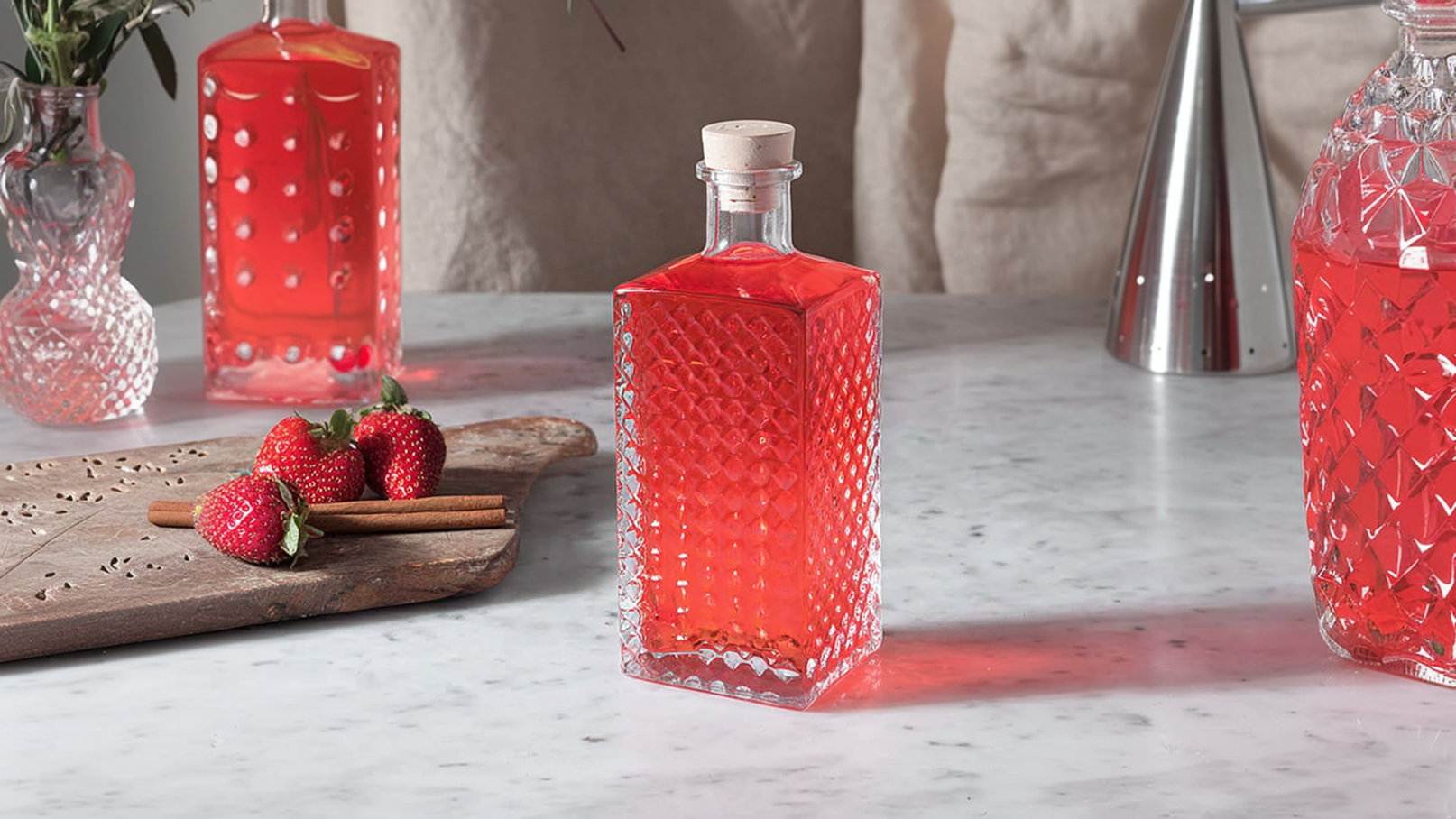 Eine Glasflasche mit roter Flüssigkeit steht auf einem marmorierten Tisch. Daneben liegen frische Erdbeeren und Zimtstangen. Im Hintergrund sind weitere Glasbehälter sichtbar, die ebenfalls eine rötliche Flüssigkeit enthalten.