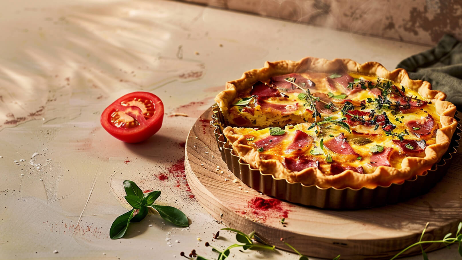 Ein frisch gebackener Quiche auf einem Holzbrett. Die Quiche ist mit speckartigen Schinkenstücken, Kräutern und einer goldbraunen Kruste belegt. Daneben liegt eine halbierte rote Tomate und einige frische Kräuter. Dampf steigt von der Quiche auf, was auf ihre Frische hinweist.