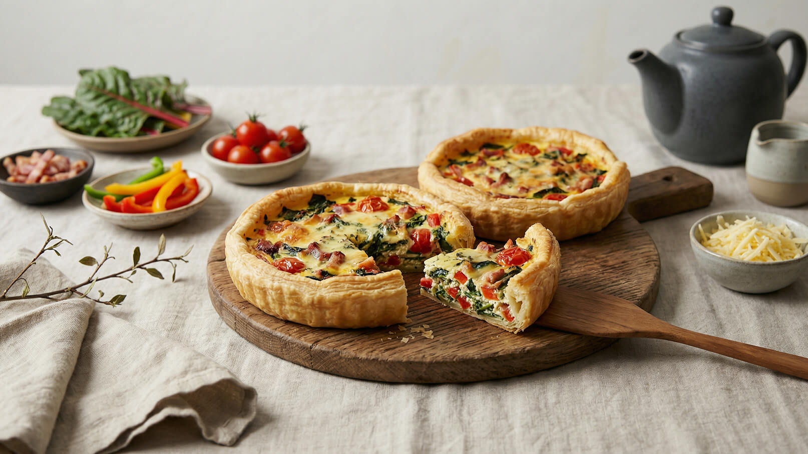 Auf einem Holzbrett liegen zwei Quiches gefüllt mit Spinat, Tomaten und Schinken. Eine Quiche ist angeschnitten. Neben der Quiche befinden sich kleine Schalen mit Gemüse, Kirschtomaten und geriebenem Käse sowie ein Teekännchen im Hintergrund. Der Tisch ist mit einem hellen Tuch bedeckt.