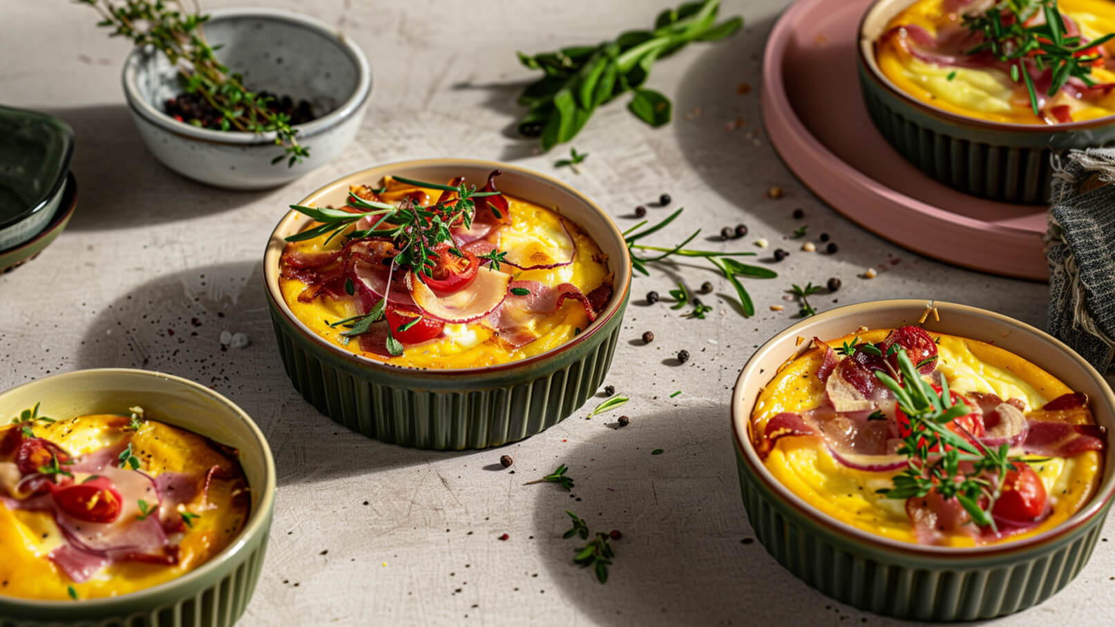 Drei kleine Schalen mit einer Eierspeise sind auf einem Tisch arrangiert. Die Speise ist mit Schinken, Tomaten und frischen Kräutern garniert. Um die Schalen herum liegen einige Gewürze und Kräuter, die das Gesamtbild abrunden.
