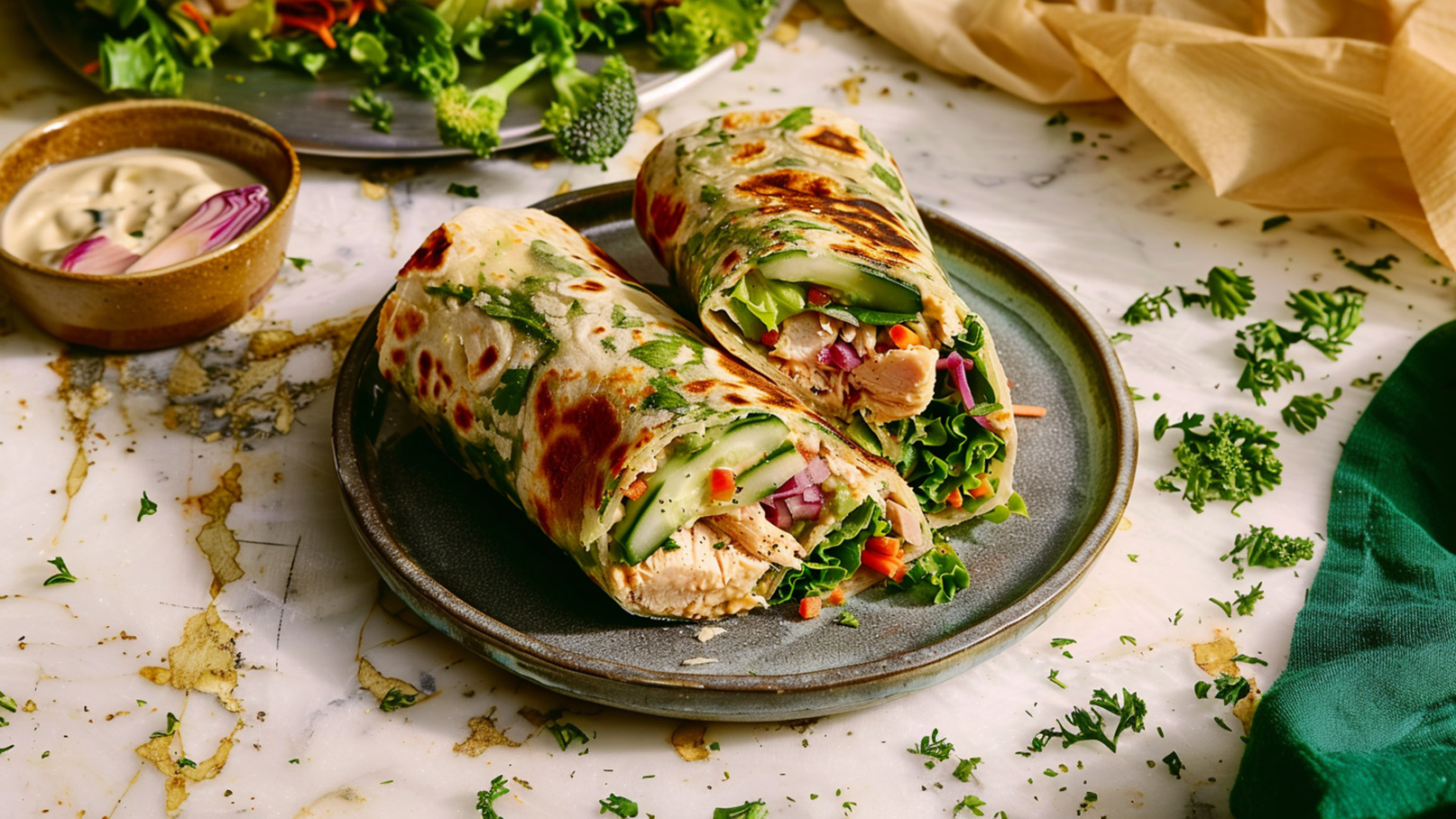 Auf dem Bild sind zwei gefüllte Wraps auf einem grauen Teller zu sehen. Die Wraps sind mit frischem Gemüse, Hähnchen und grünen Kräutern gefüllt. Daneben steht eine kleine Schüssel mit einer cremigen Sauce. Der Hintergrund zeigt eine stilvolle, marmorierte Oberfläche.