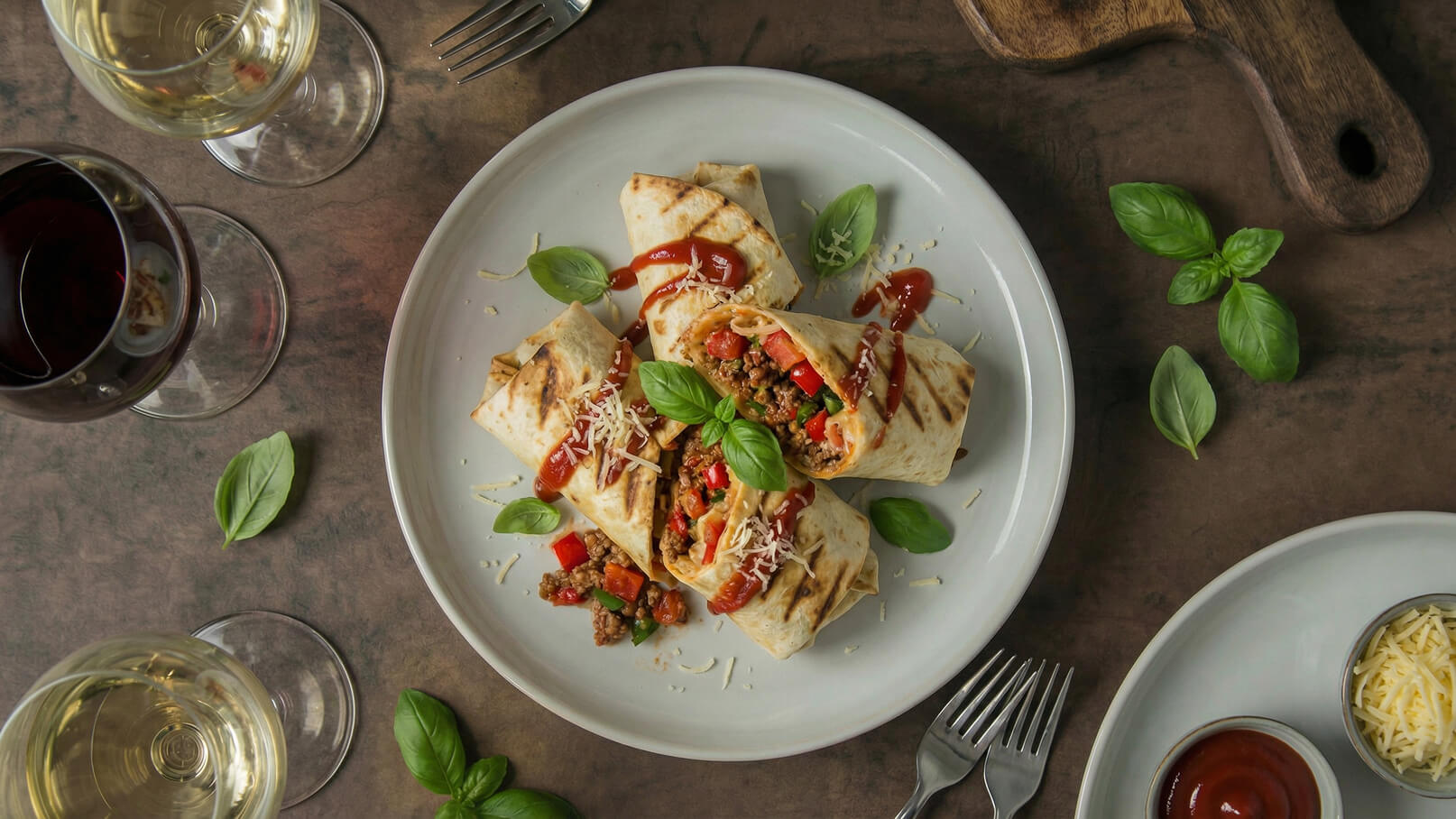 Auf dem Bild ist ein Teller mit gefüllten Tortillas zu sehen. Die Tortillas sind goldbraun gegrillt und mit herzhaftem Fleisch, Gemüse und Käse gefüllt. Einige Basilikumblätter und Ketchup sind als Garnierung platziert. Im Hintergrund stehen zwei Weingläser.