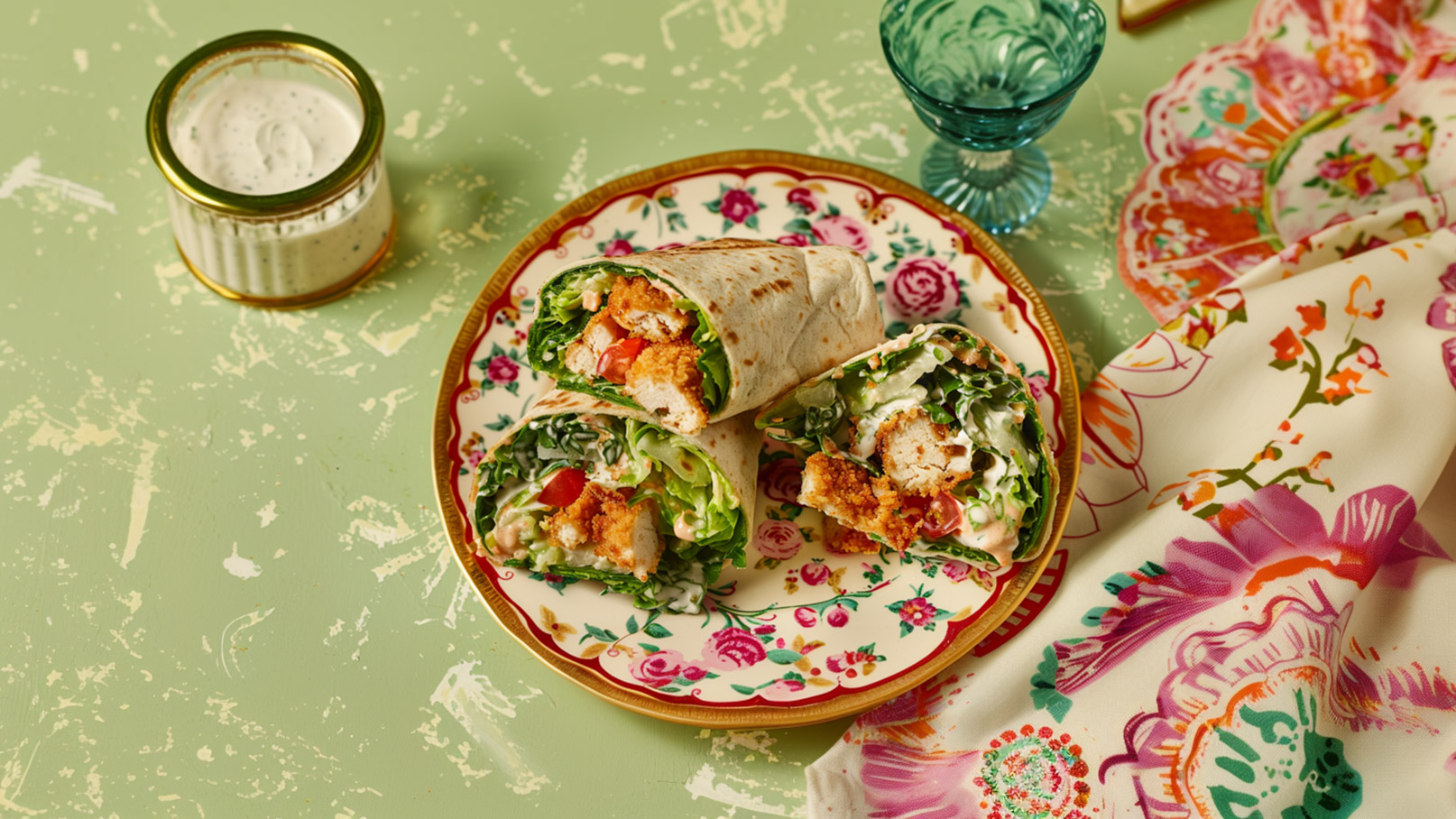 Ein dekorativer Teller auf einem grünen Tisch zeigt drei halbe Wraps, gefüllt mit Salat, Tomaten und paniertem Hähnchen. Daneben steht ein Glas mit Dressing und eine bunt gemusterte Serviette.