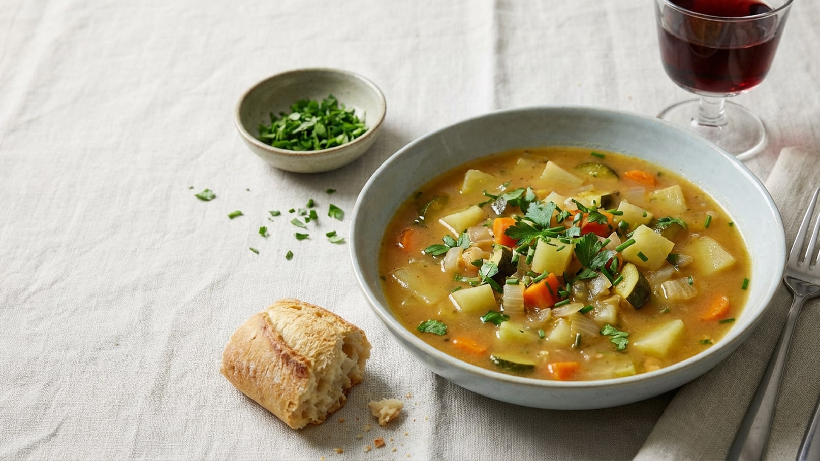 Eine Schüssel Gemüse- und Kartoffelsuppe mit frischen Kräutern ist in der Mitte des Tuchs platziert. Neben der Suppe liegt ein Stück Brot. Im Hintergrund befindet sich eine kleine Schale mit gehacktem Grün und ein Glas Rotwein.