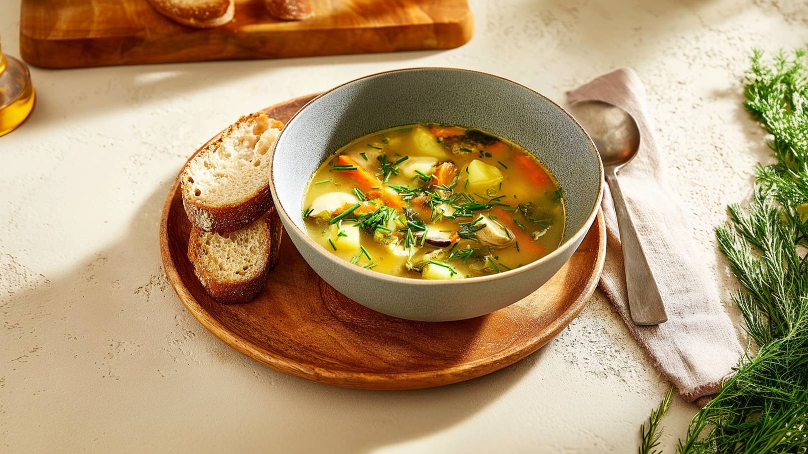 Eine Schüssel mit frischer Suppe steht auf einem Holzuntersetzer. Die Suppe enthält Gemüse und Kräuter. Daneben liegen zwei Scheiben frisches Brot. Im Hintergrund sind ein Esslöffel und etwas Grünzeug zu sehen.