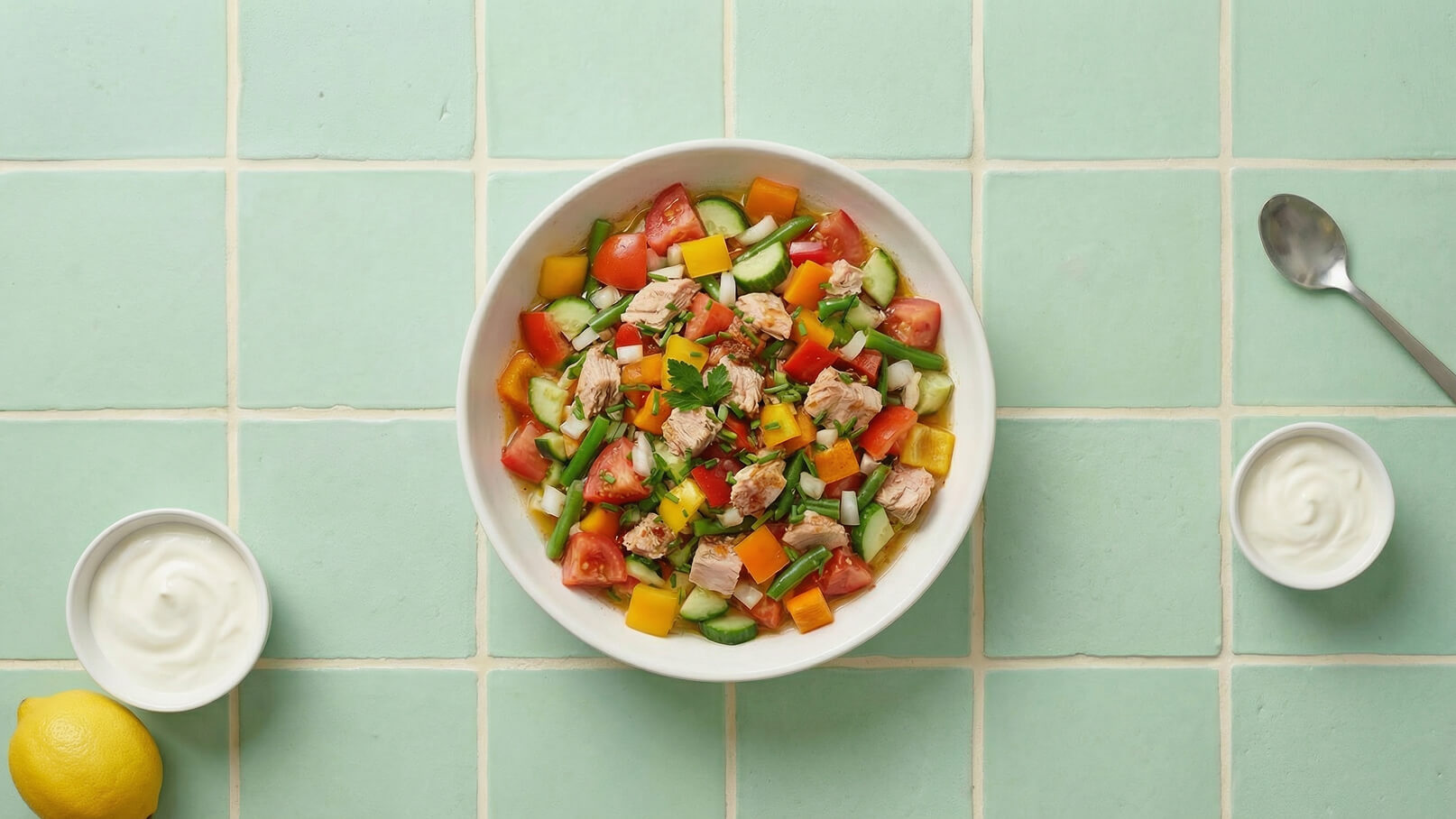Eine große Schüssel bunter Salat mit Stückchen von Tomaten, Gurken, Paprika, Zwiebeln und Huhn, garniert mit frischem Koriander. Neben der Schüssel befinden sich kleine Schalen mit Joghurt und eine Zitrone. Der Hintergrund ist mintgrün gefliest.